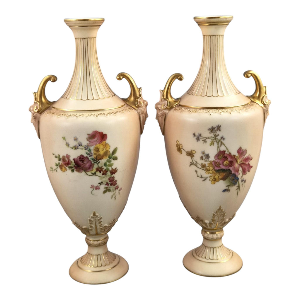 Royal Worcester blush ivory floral vase pair with faun mask handles, 1900