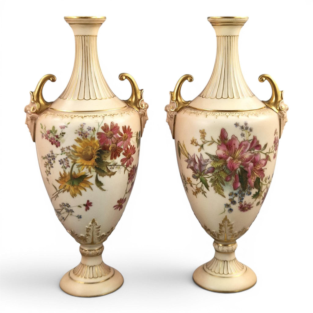 Royal Worcester blush ivory floral vase pair with faun mask handles, 1900