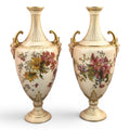 Royal Worcester blush ivory floral vase pair with faun mask handles, 1900