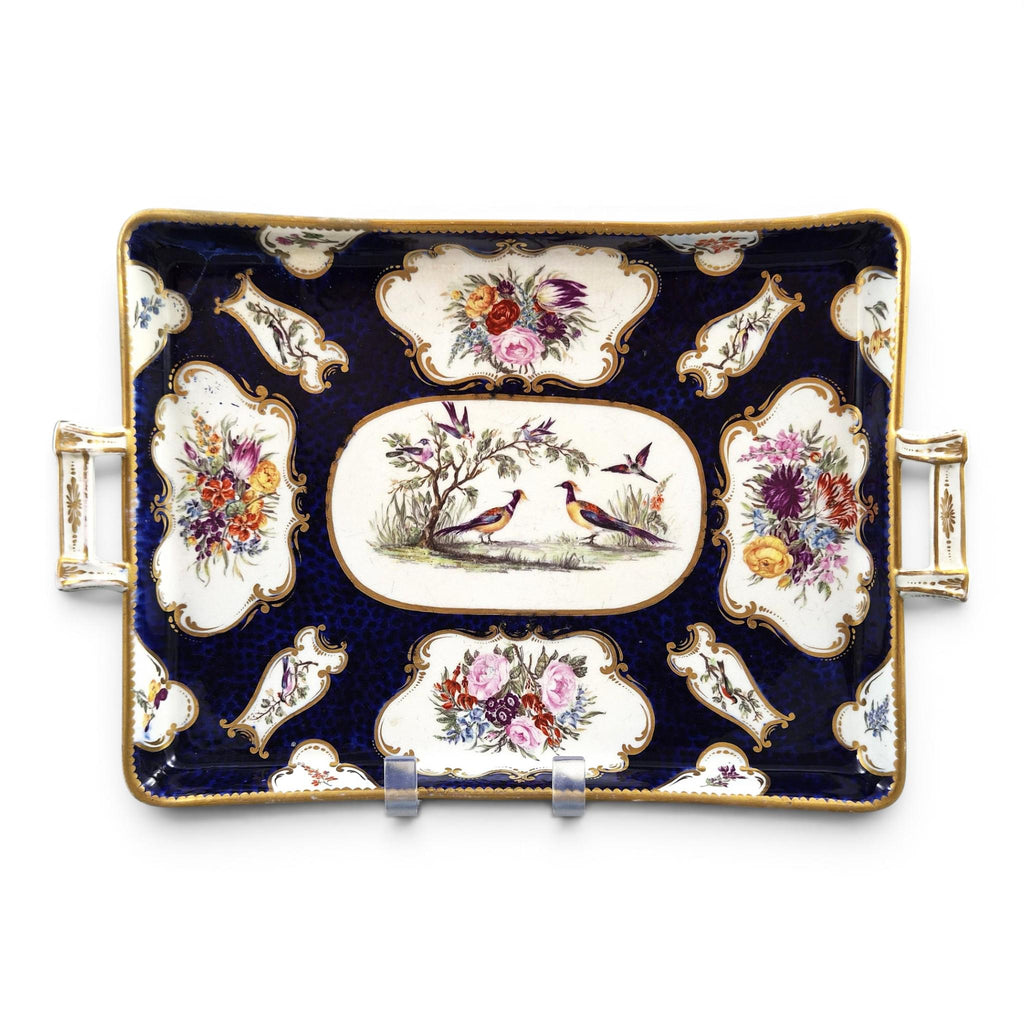 English exotic bird tray in the Worcester & James Giles tradition, cobalt blue, c.1850