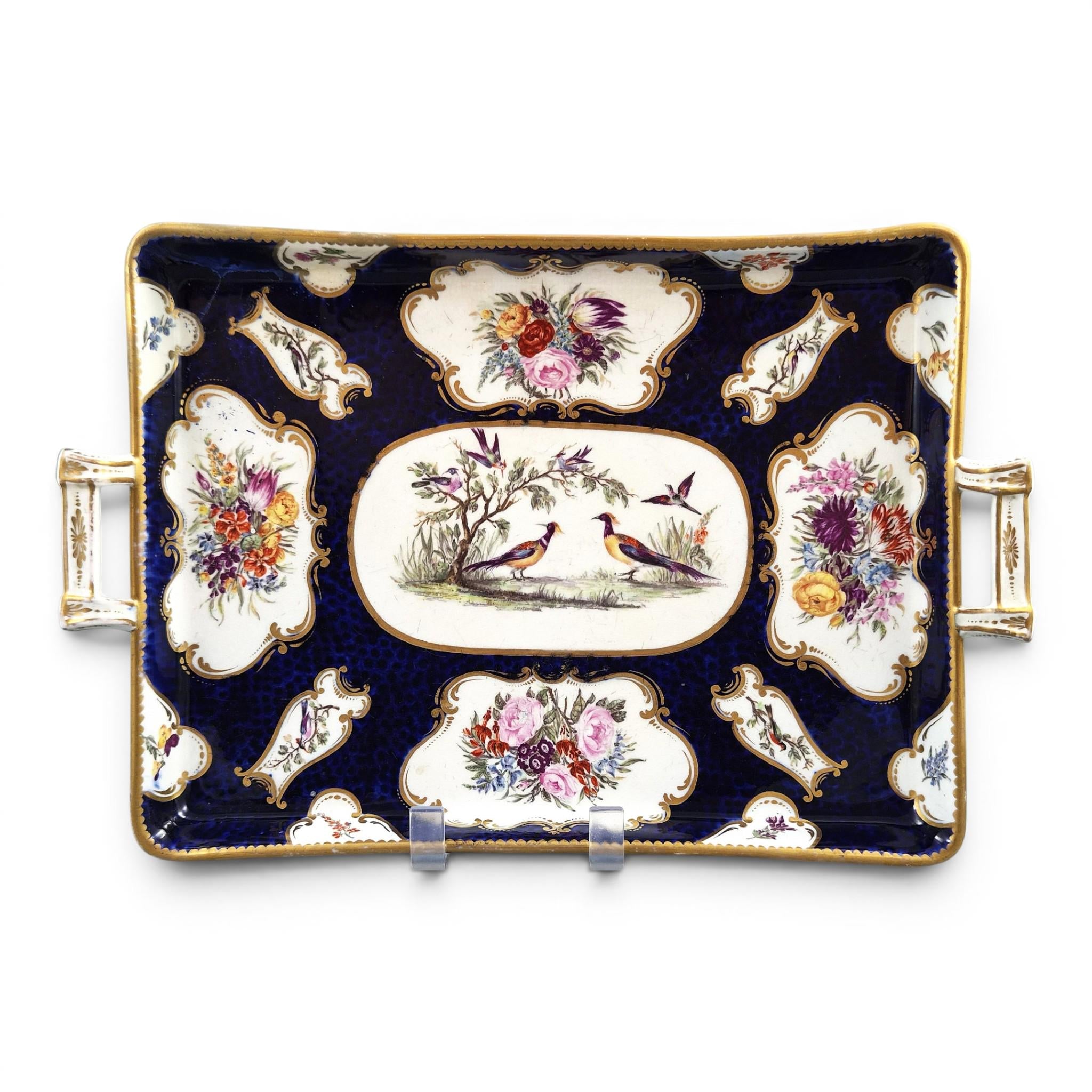 English exotic bird tray in the Worcester & James Giles tradition, cobalt blue, c.1850