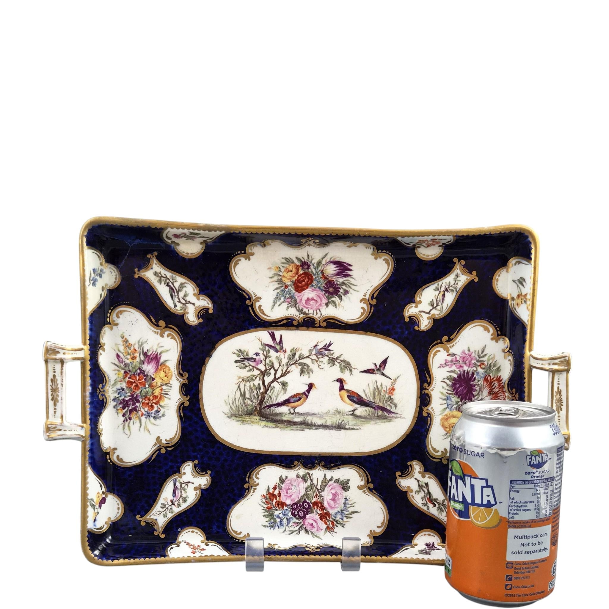 English exotic bird tray in the Worcester & James Giles tradition, cobalt blue, c.1850
