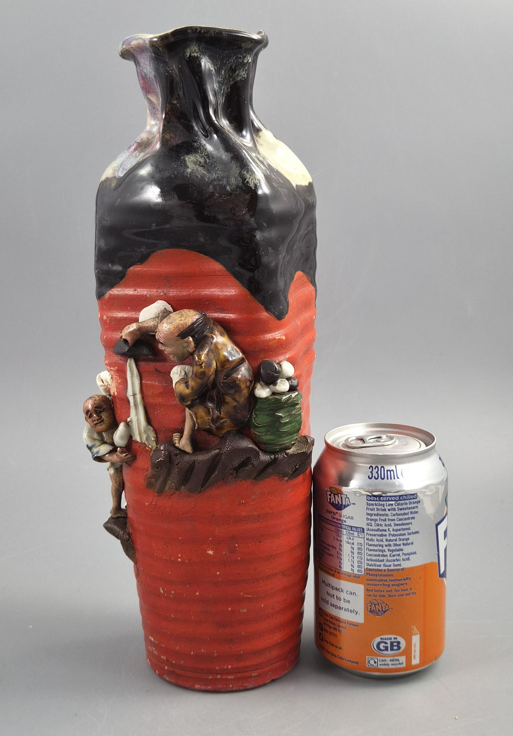 Tall Japanese Sumida Gawa Vase by Inoue Ryōsai, Sages on a Cliff, Meiji–Taishō c. 1900