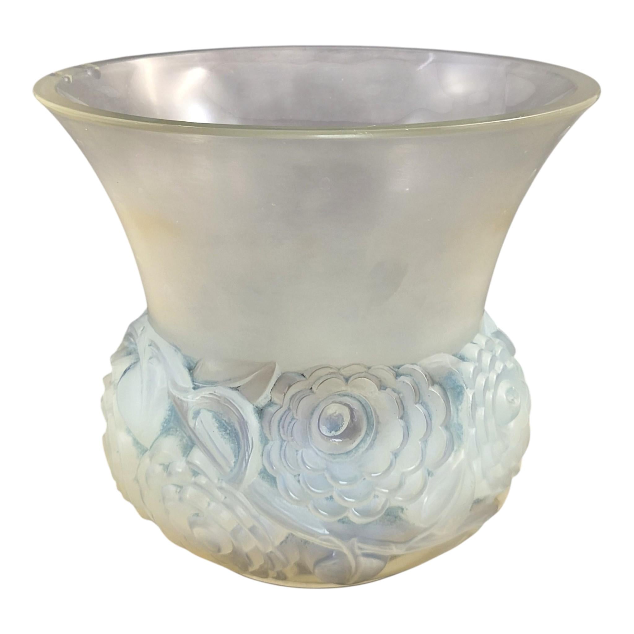 Lalique Renoncules opalescent glass vase, blue tone, France, mid-20th century