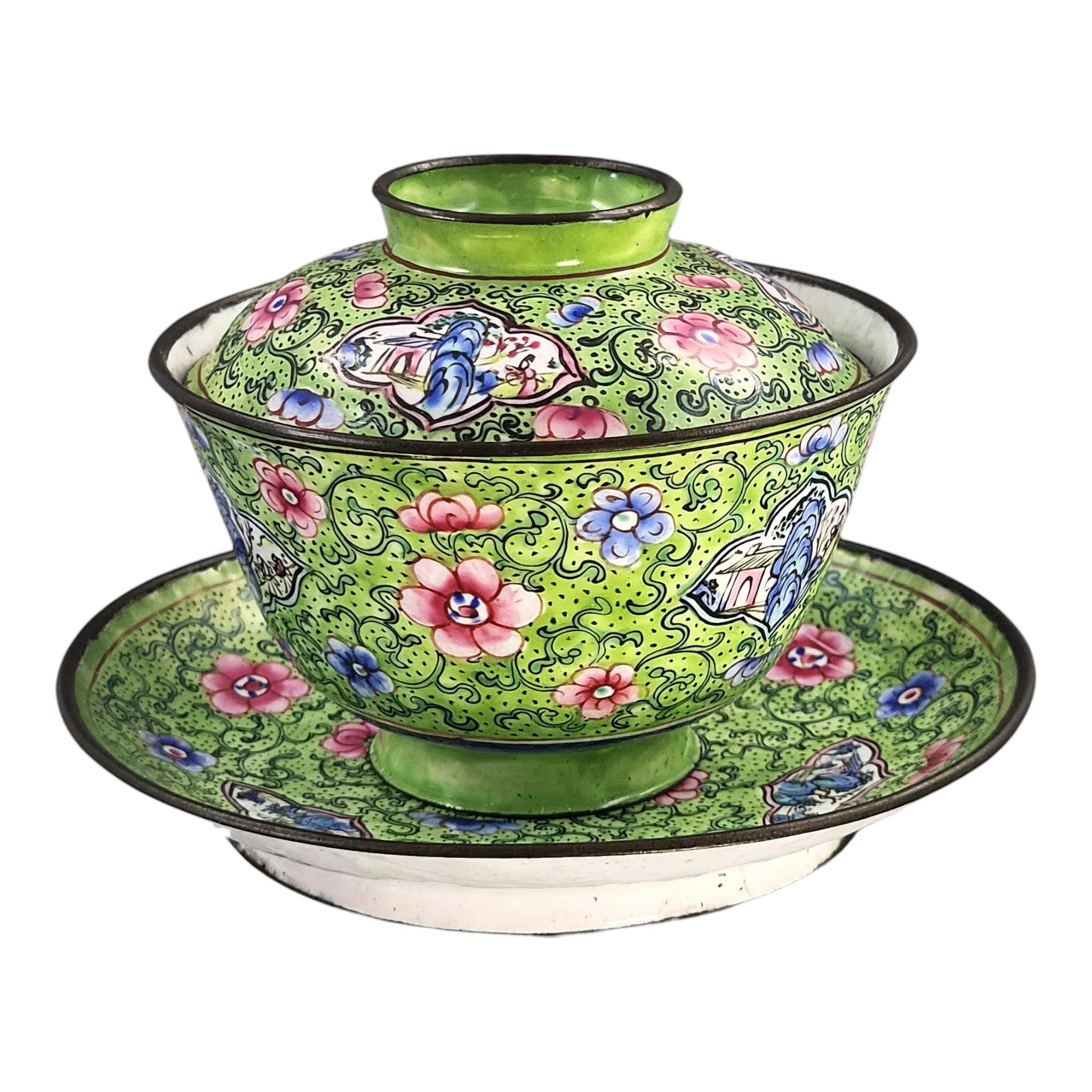 Antique Chinese Canton enamel gaiwan tea set, Qing dynasty, c. 1850–1860