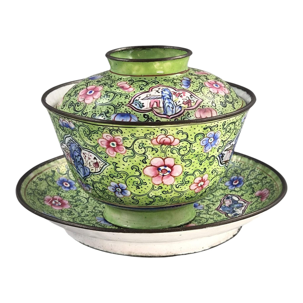 Antique Chinese Canton enamel gaiwan tea set, Qing dynasty, c. 1850–1860