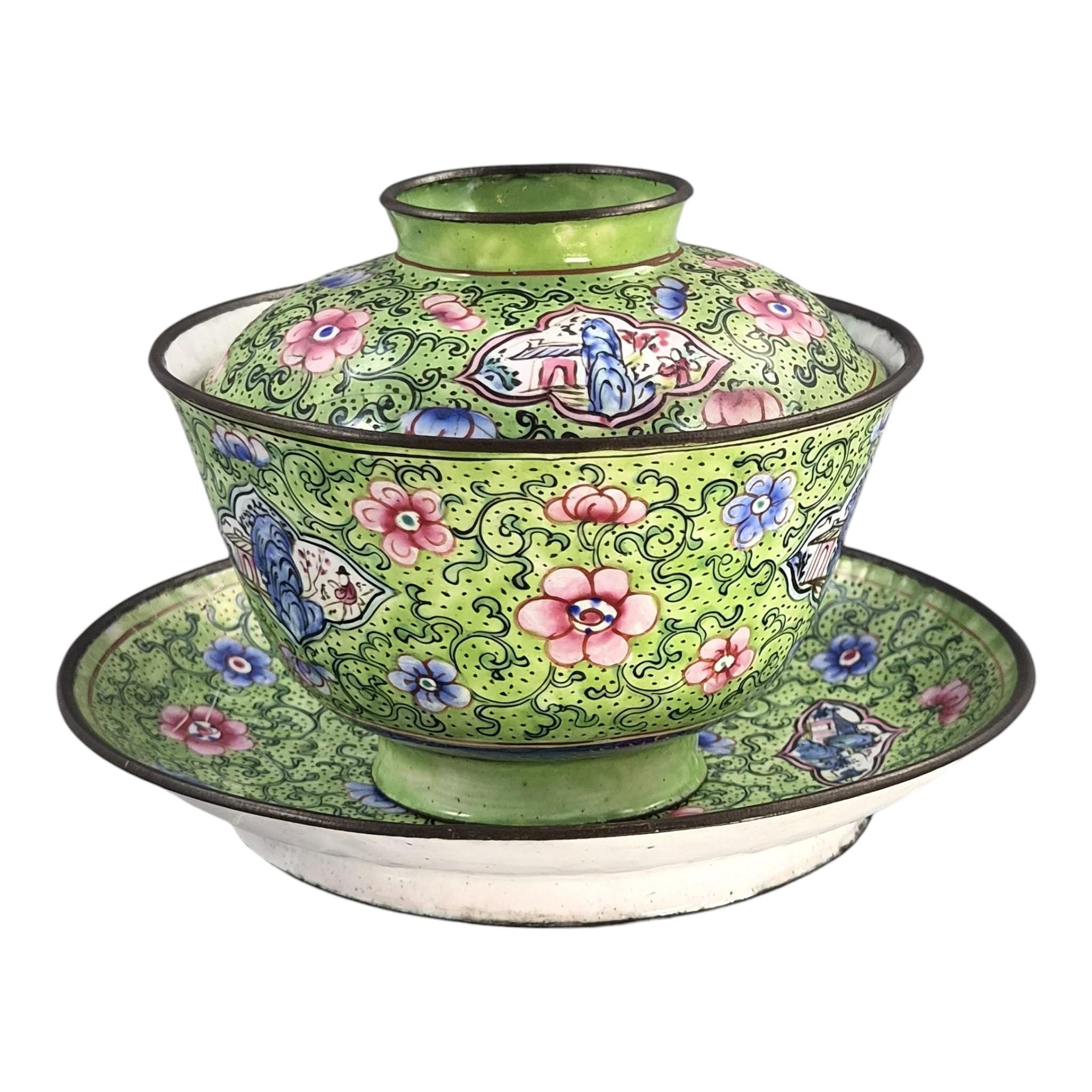 Antique Chinese Canton enamel gaiwan tea set, Qing dynasty, c. 1850–1860