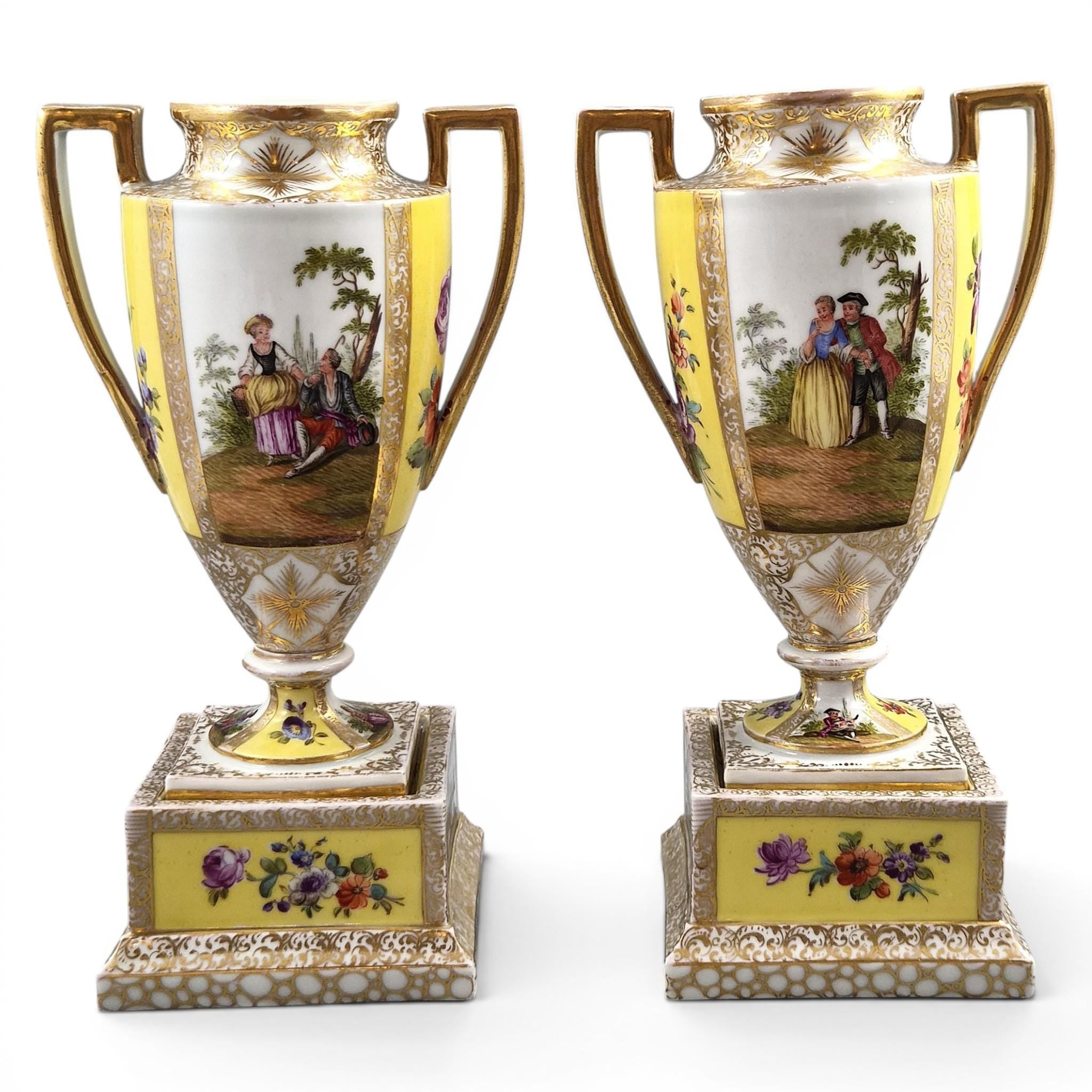 Helena Wolfsohn Dresden Porcelain Urns on Pedestals, Royal Yellow, c.1879-1883
