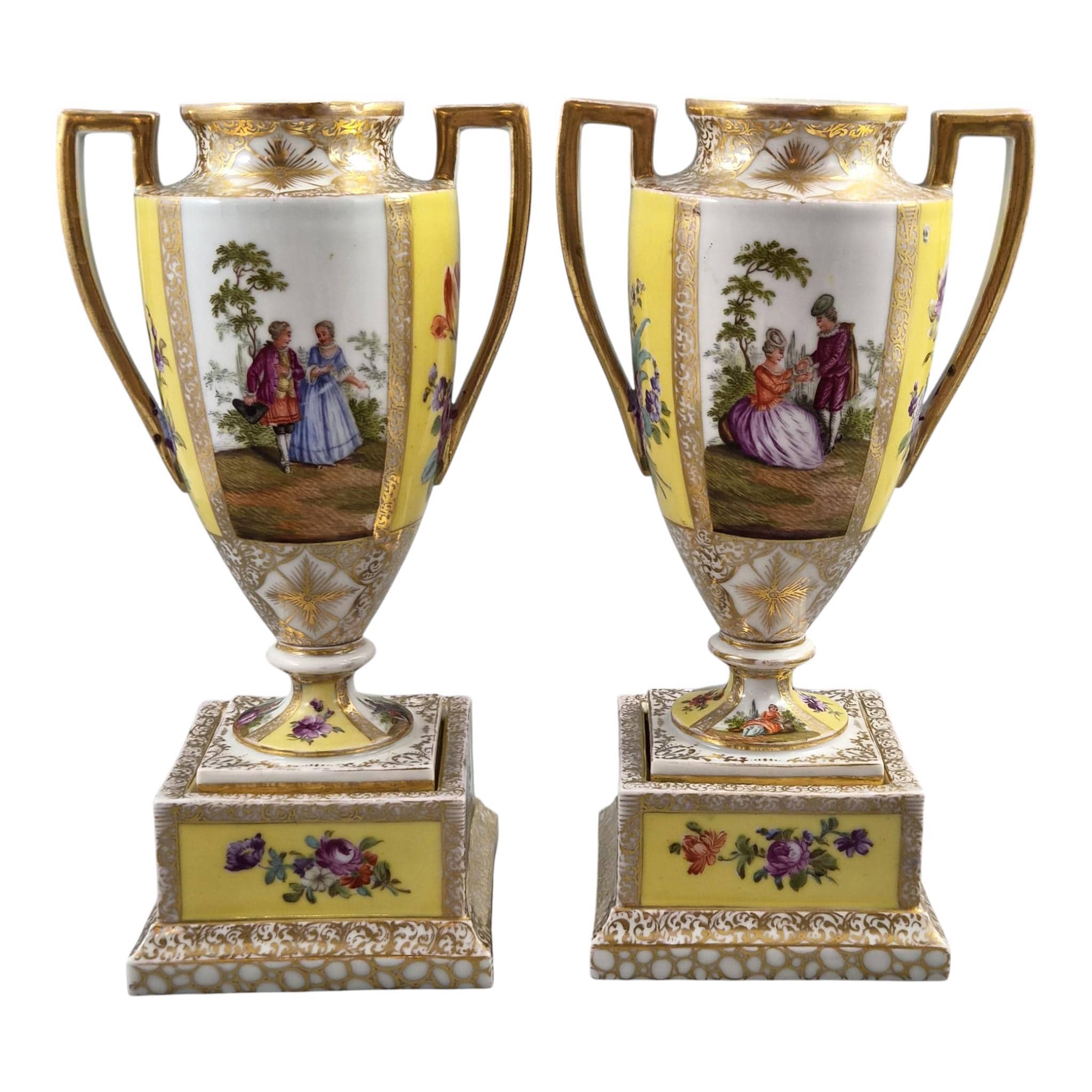 Helena Wolfsohn Dresden Porcelain Urns on Pedestals, Royal Yellow, c.1879-1883