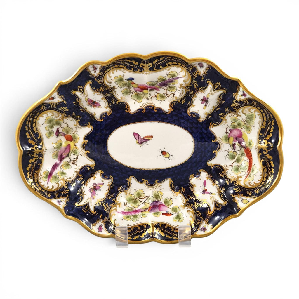 Royal Worcester Blue Scale Dessert Dish, Exotic Birds & Insects, 1901
