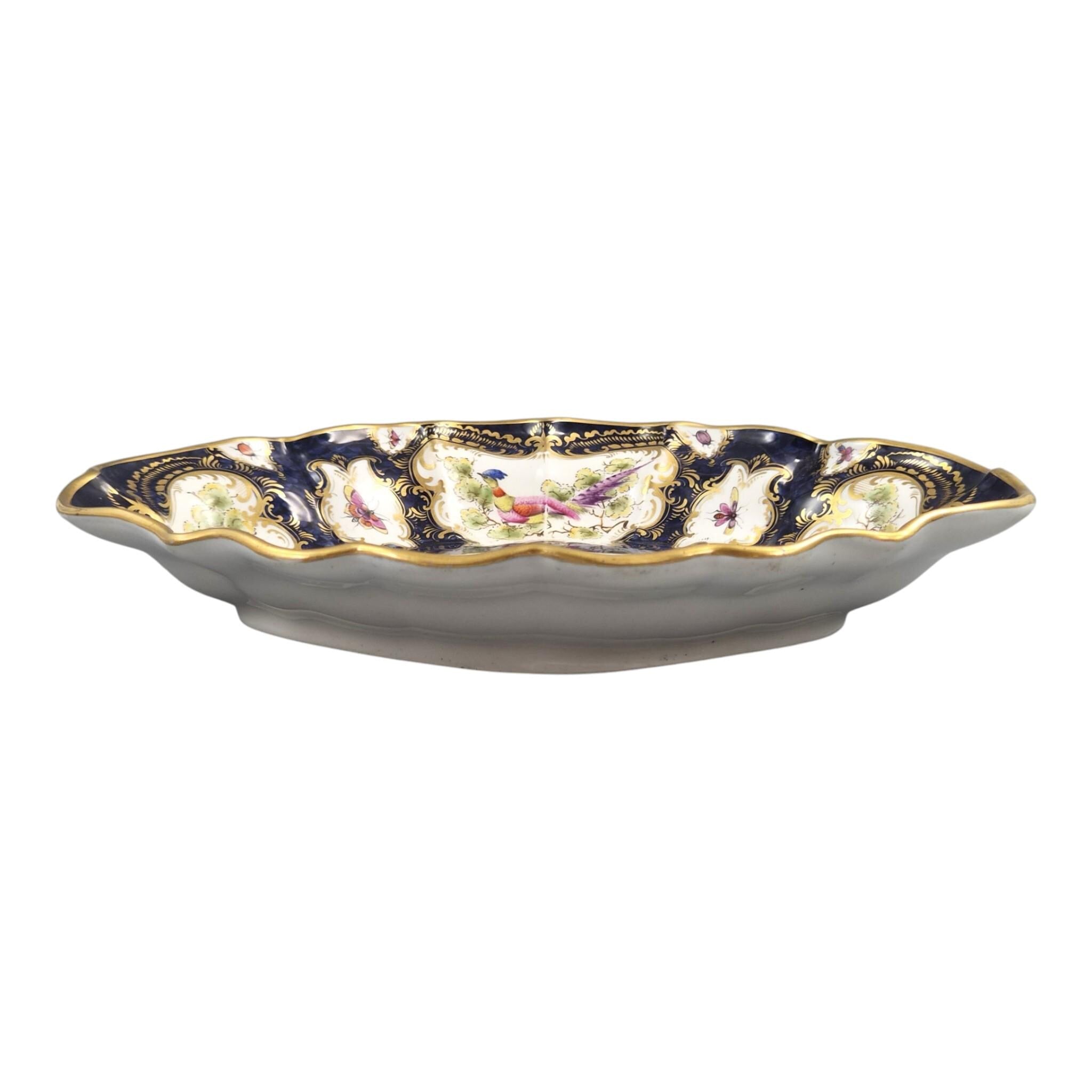 Royal Worcester Blue Scale Dessert Dish, Exotic Birds & Insects, 1901