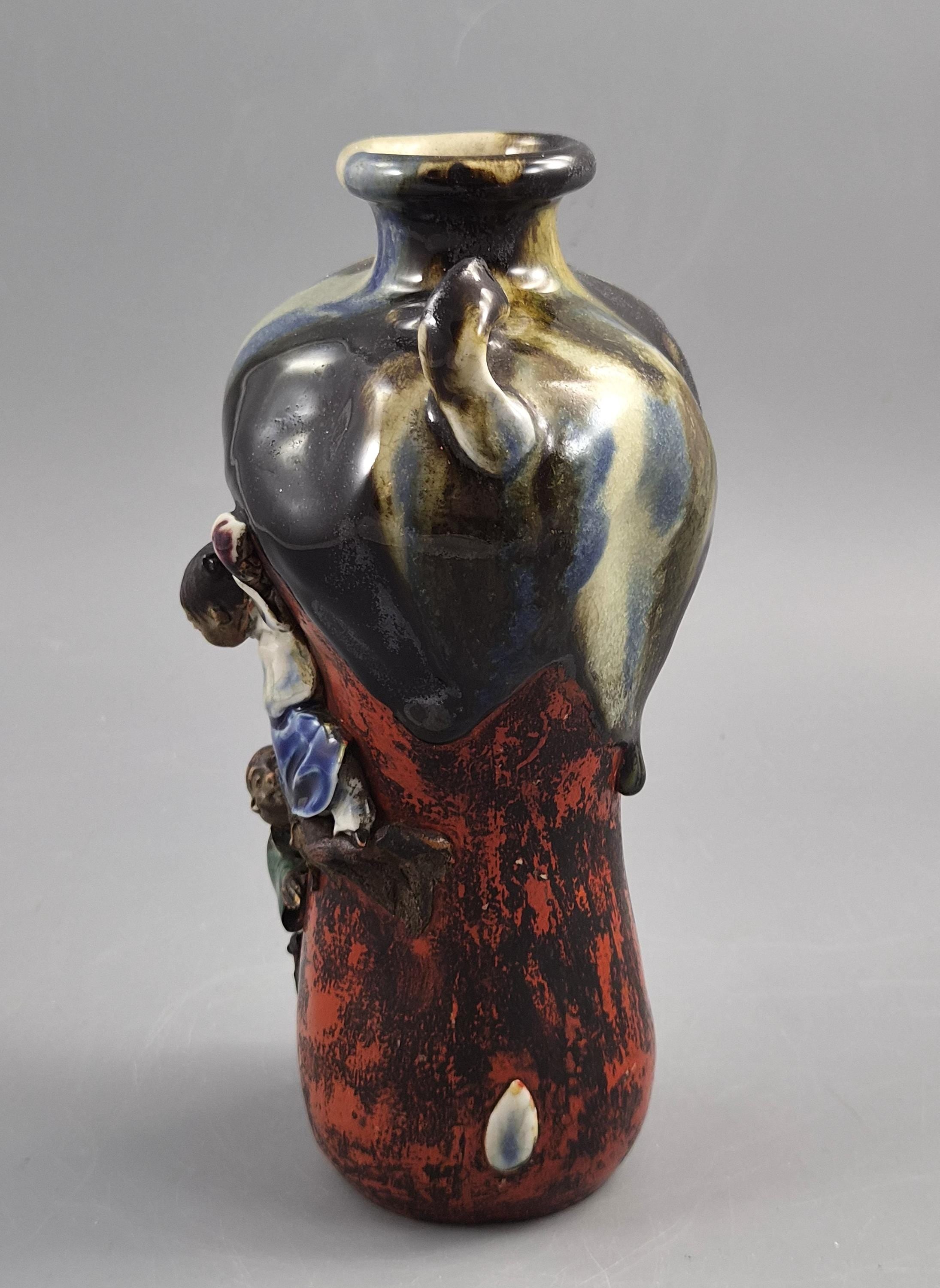 Japanese Sumida Gawa Vase by Inoue Ryosai, Figures on a Cliff, Meiji–Taishō c.1900–1920