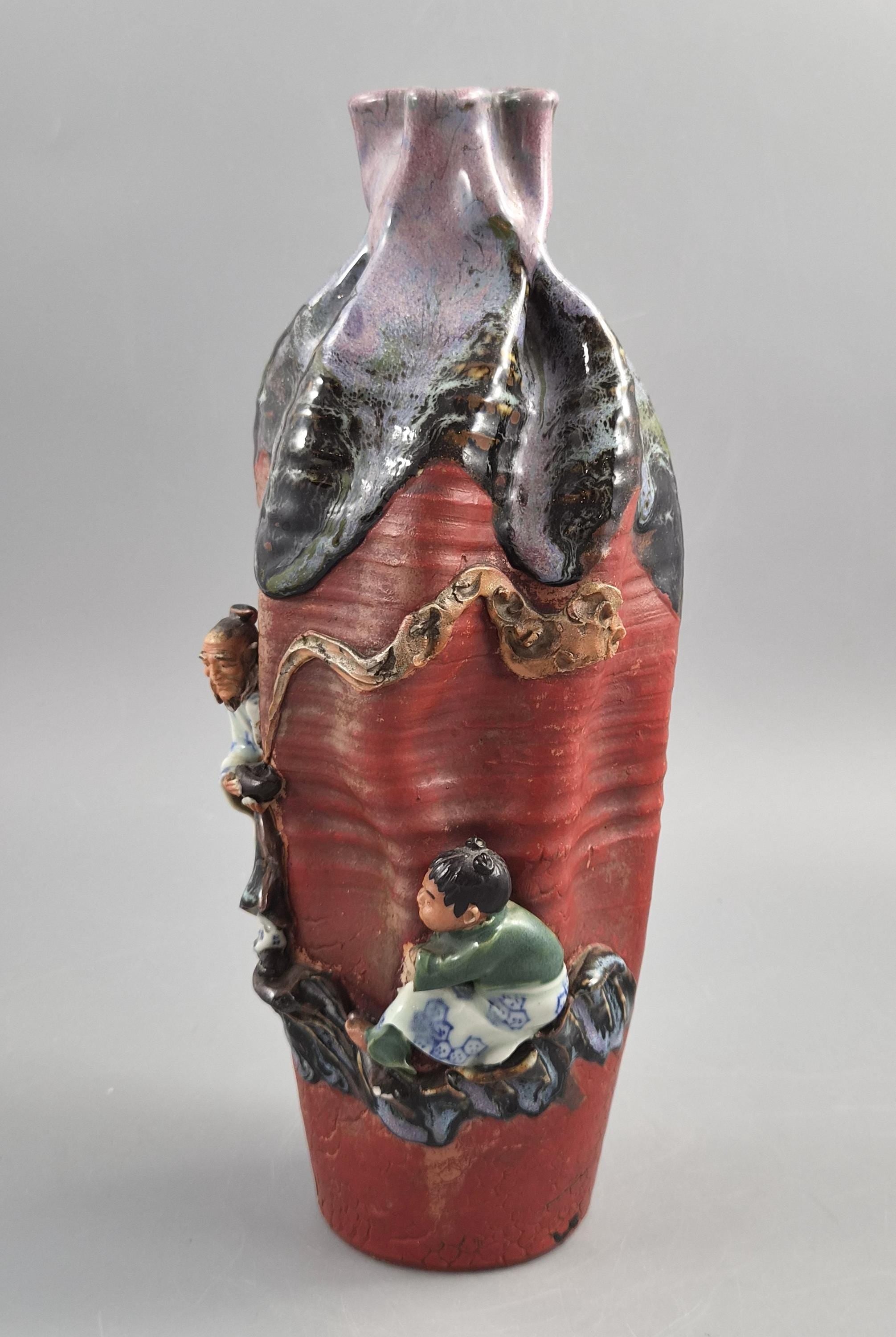Japanese Sumida Gawa Vase Signed Ban-ni, Sage and Karako, Lavender Flambé, Meiji c.1900