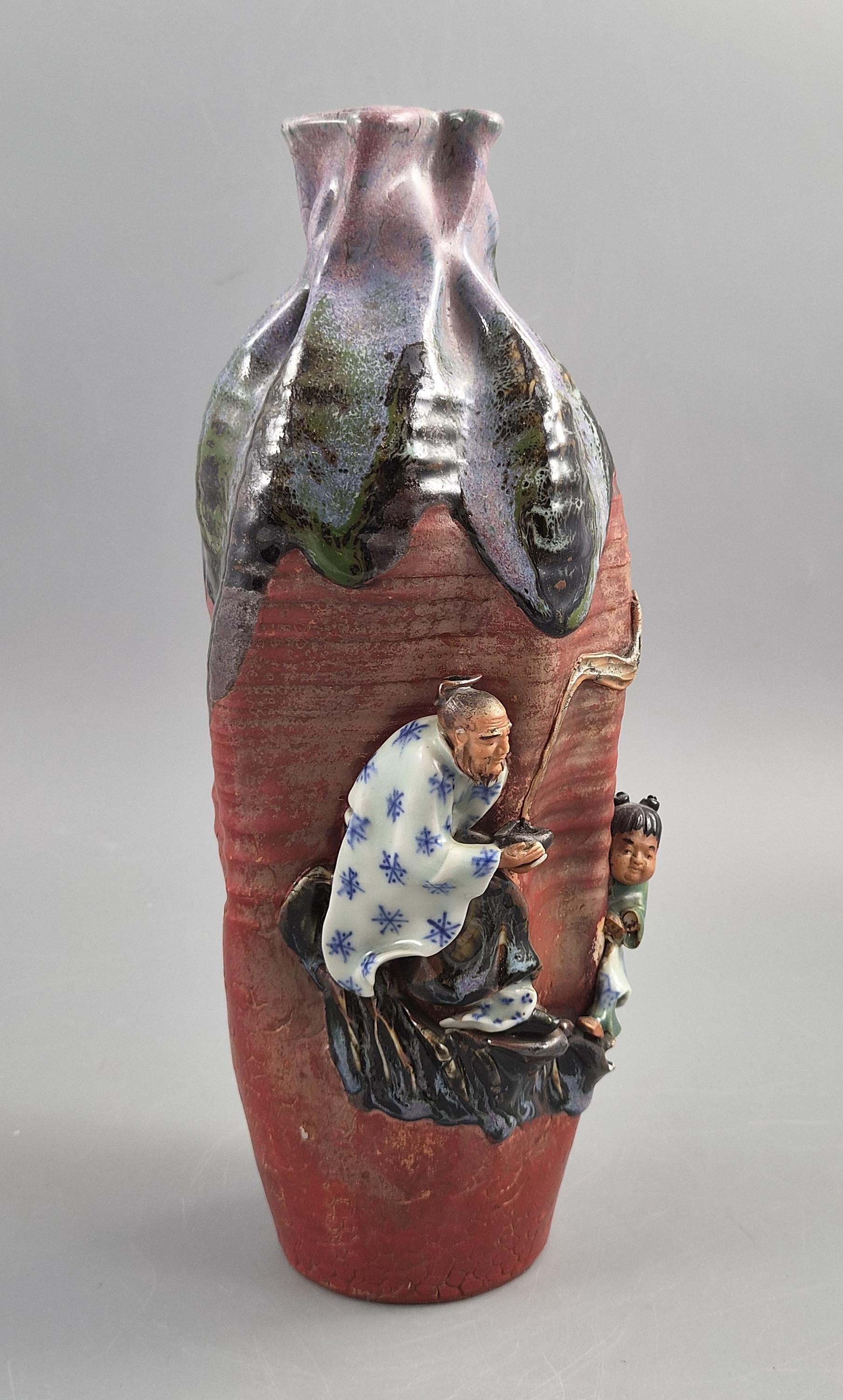 Japanese Sumida Gawa Vase Signed Ban-ni, Sage and Karako, Lavender Flambé, Meiji c.1900