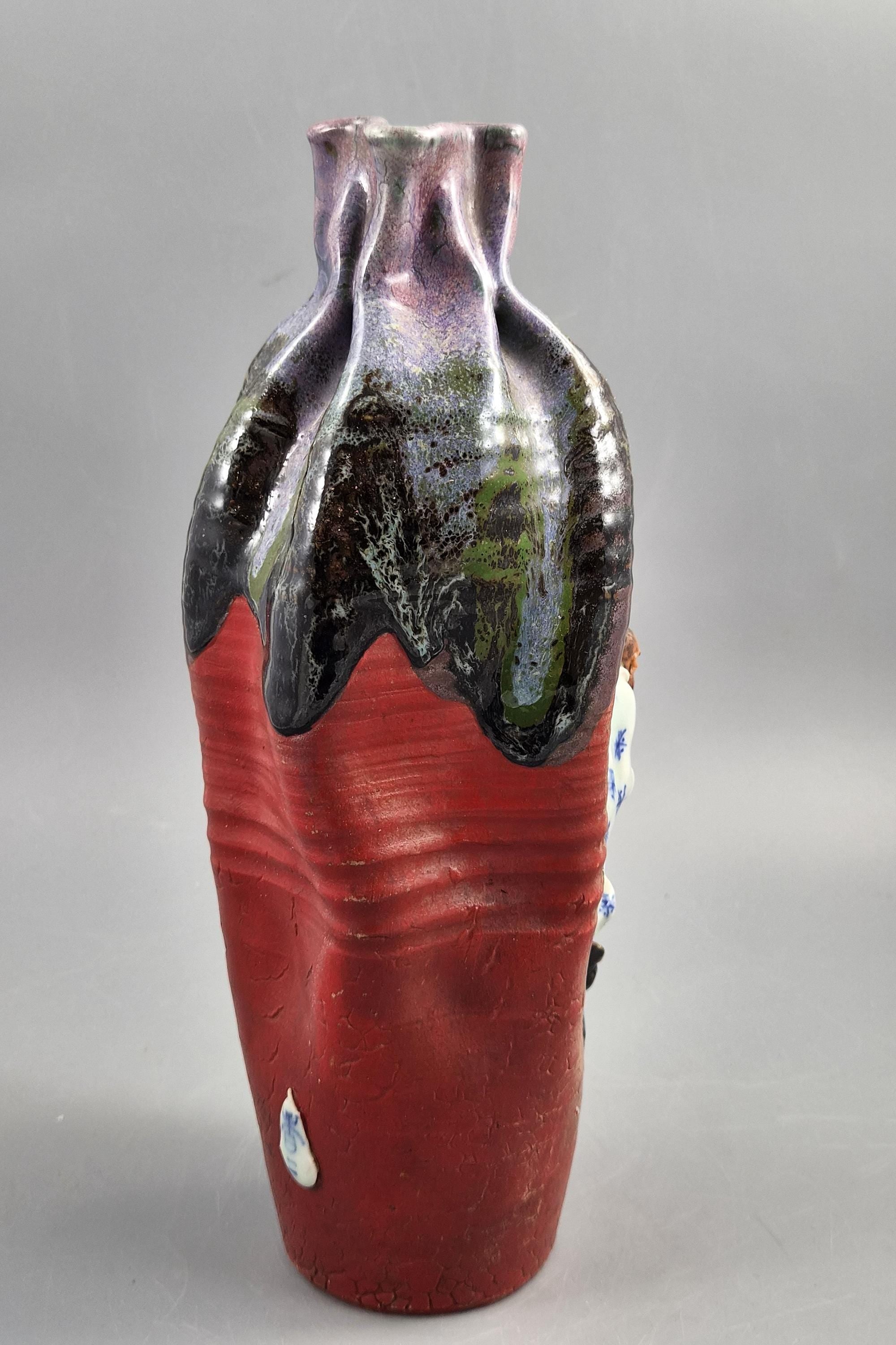 Japanese Sumida Gawa Vase Signed Ban-ni, Sage and Karako, Lavender Flambé, Meiji c.1900