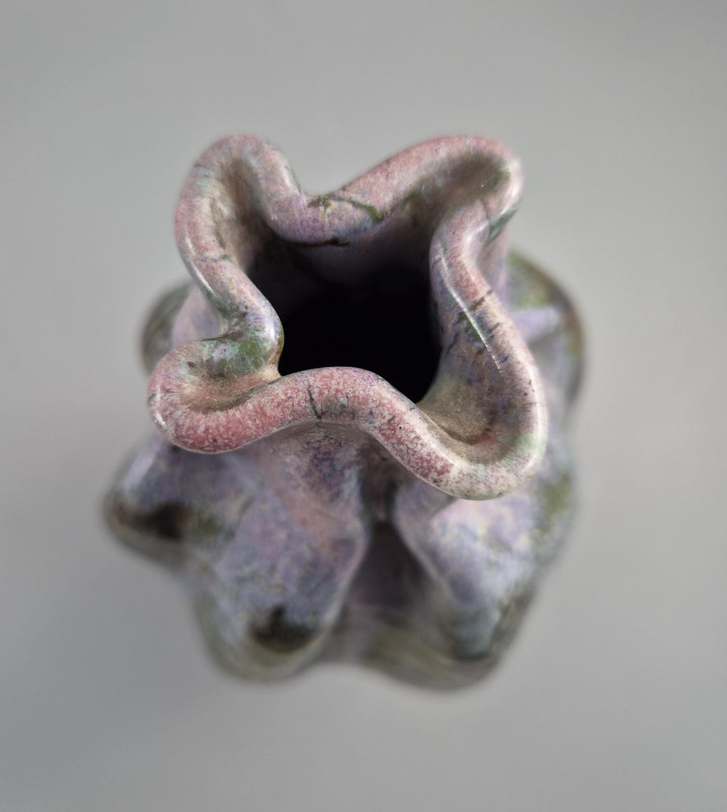 Japanese Sumida Gawa Vase Signed Ban-ni, Sage and Karako, Lavender Flambé, Meiji c.1900