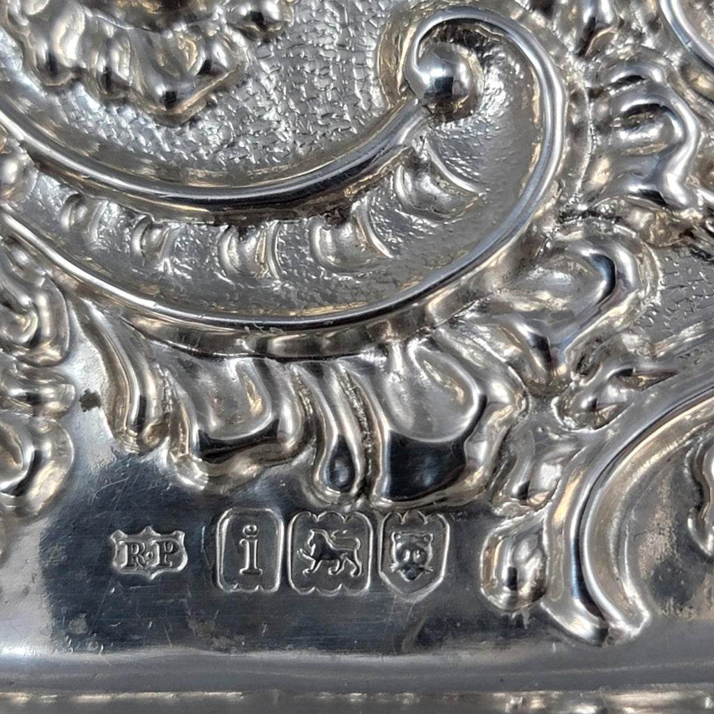 Antique Edwardian sterling silver card tray, Robert Pringle & Sons London 1904, Rococo Revival serving tray