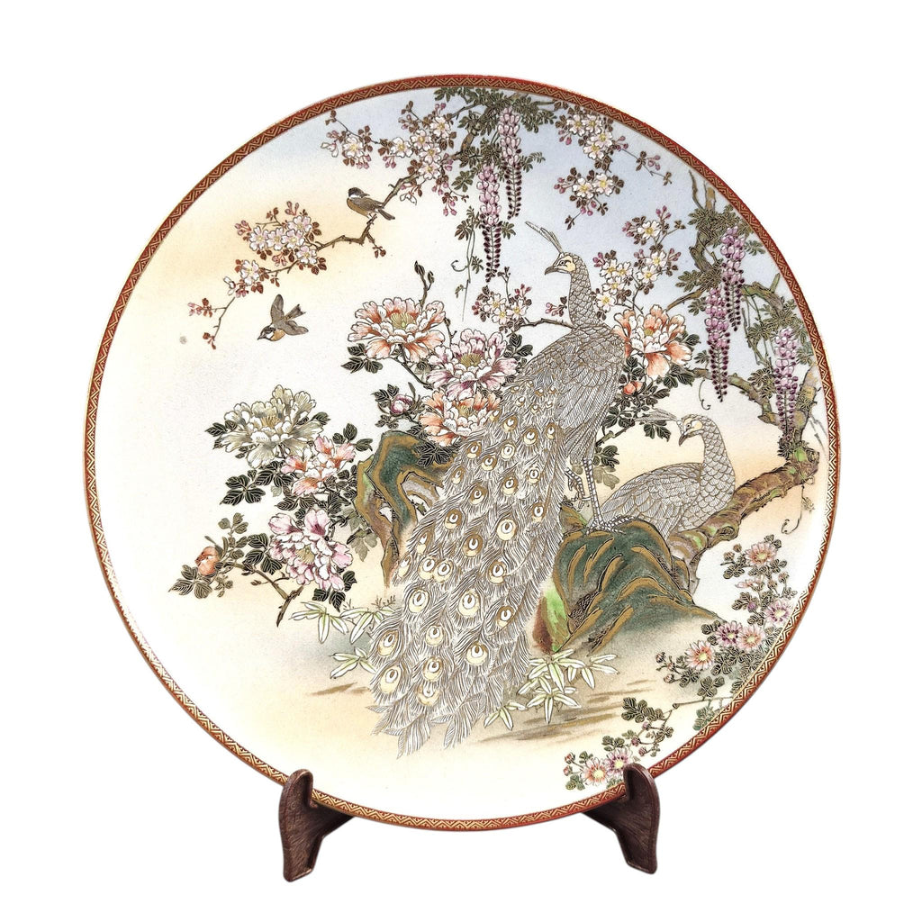 Large Meiji Japanese Satsuma Moriage charger with peacocks, wisteria and peonies, 31 cm export ware c.1890–1915