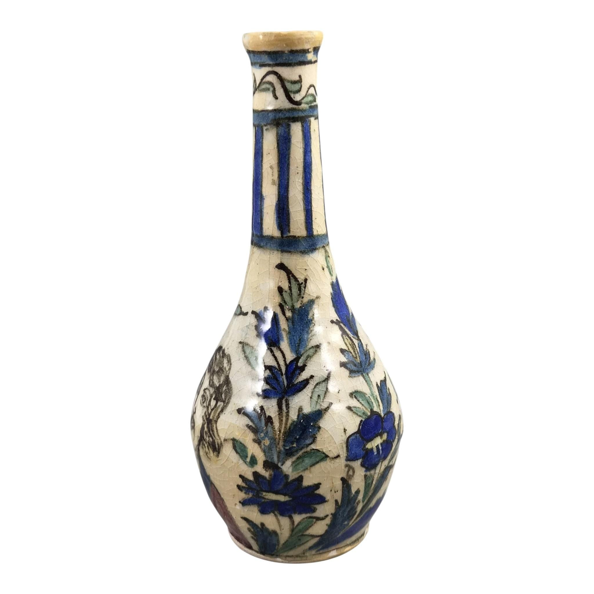 Rare Qajar Pottery Bottle Vase with Portrait Decoration, c.1850-1880