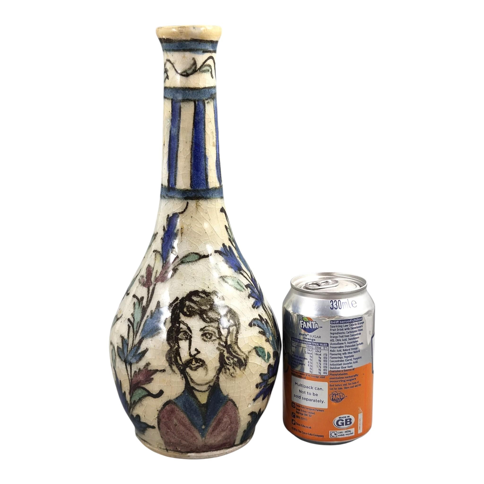 Rare Qajar Pottery Bottle Vase with Portrait Decoration, c.1850-1880