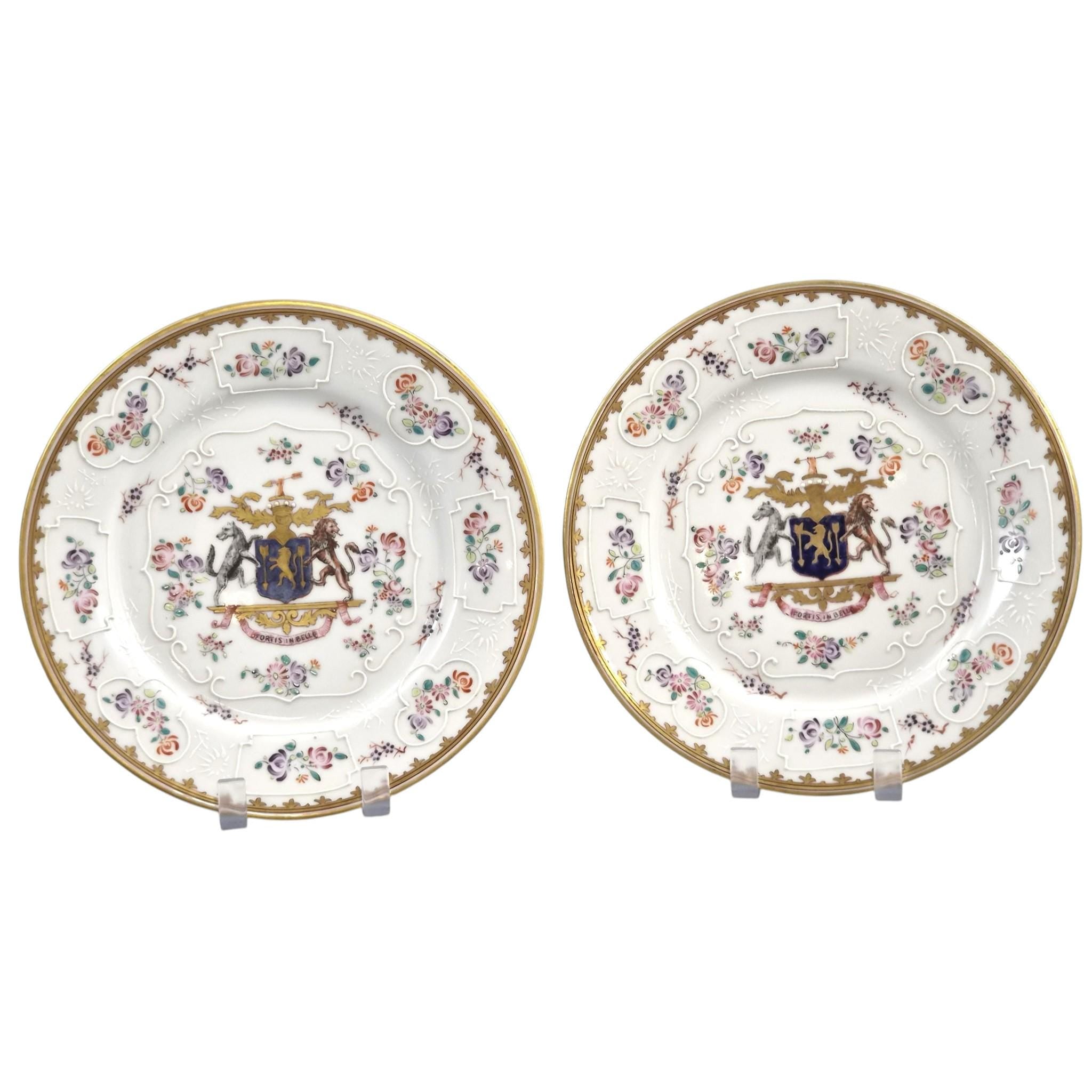 Edmé Samson Armorial Porcelain Plates Pair, Chinese Export Style, c.1890