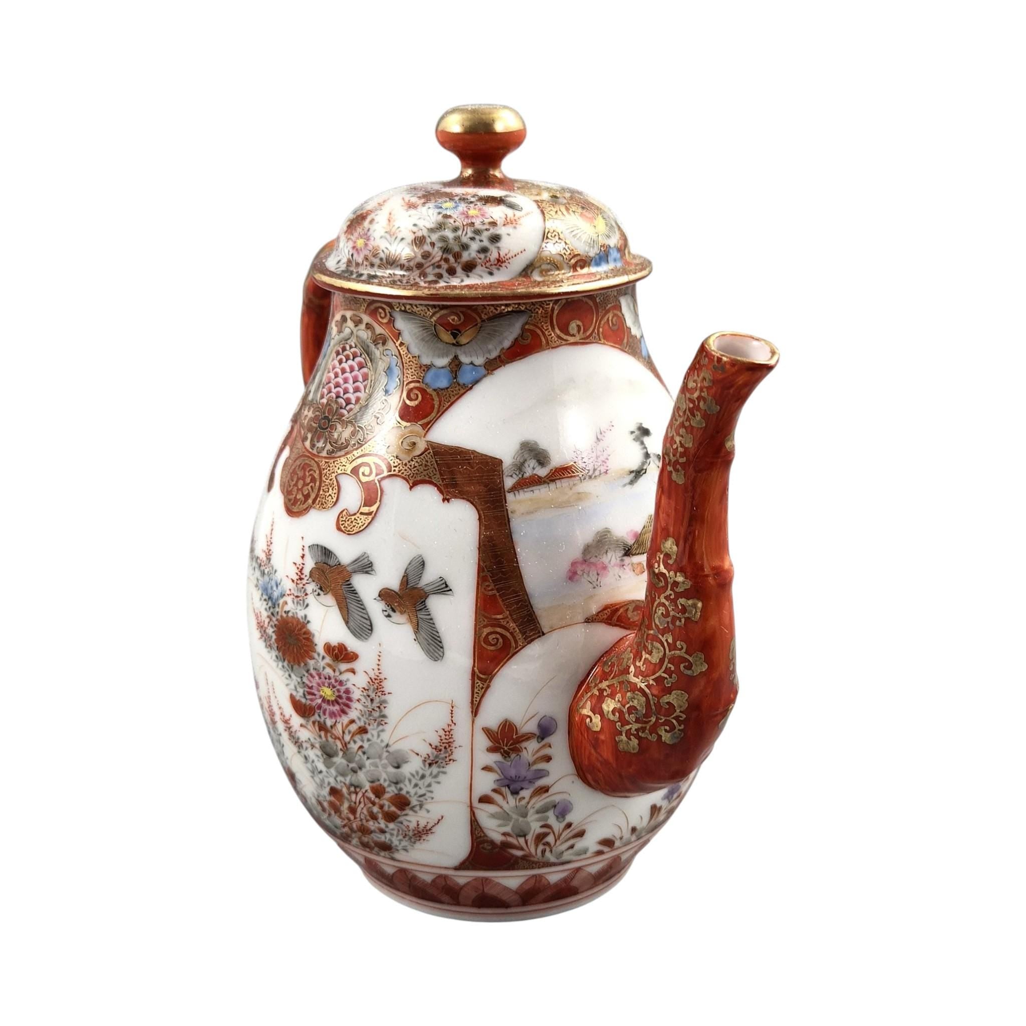 Rare Japanese Kutani teapot and vase stand, bamboo handle, Meiji c.1890