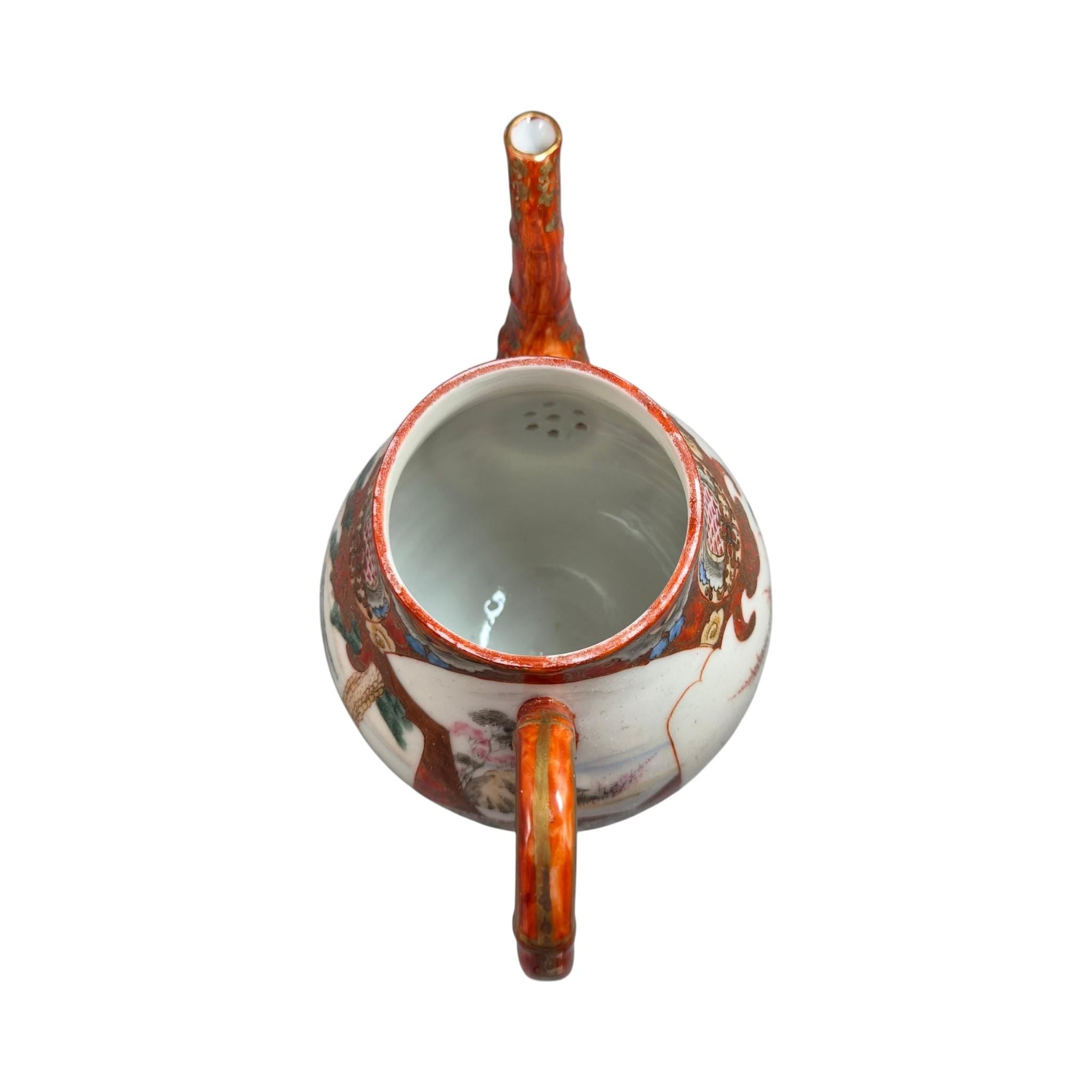 Rare Japanese Kutani teapot and vase stand, bamboo handle, Meiji c.1890
