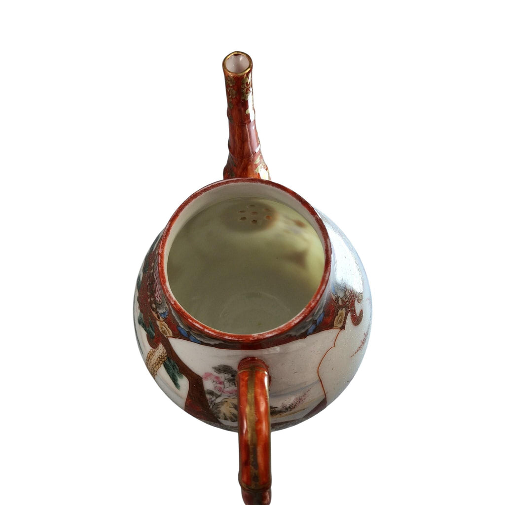 Rare Japanese Kutani teapot and vase stand, bamboo handle, Meiji c.1890