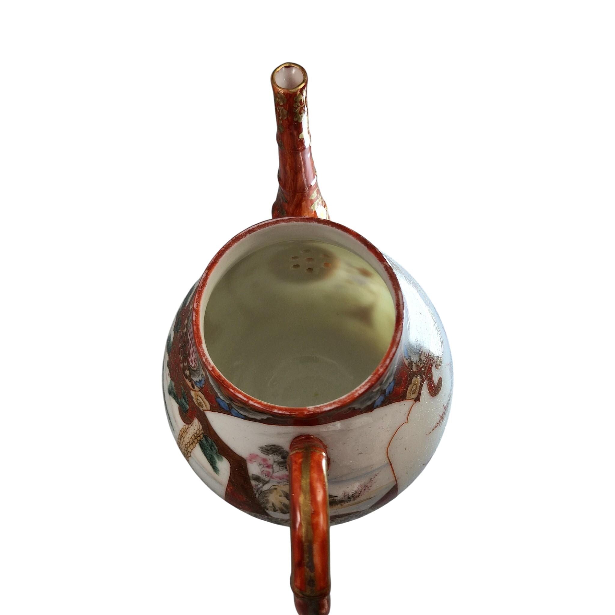 Rare Japanese Kutani teapot and vase stand, bamboo handle, Meiji c.1890