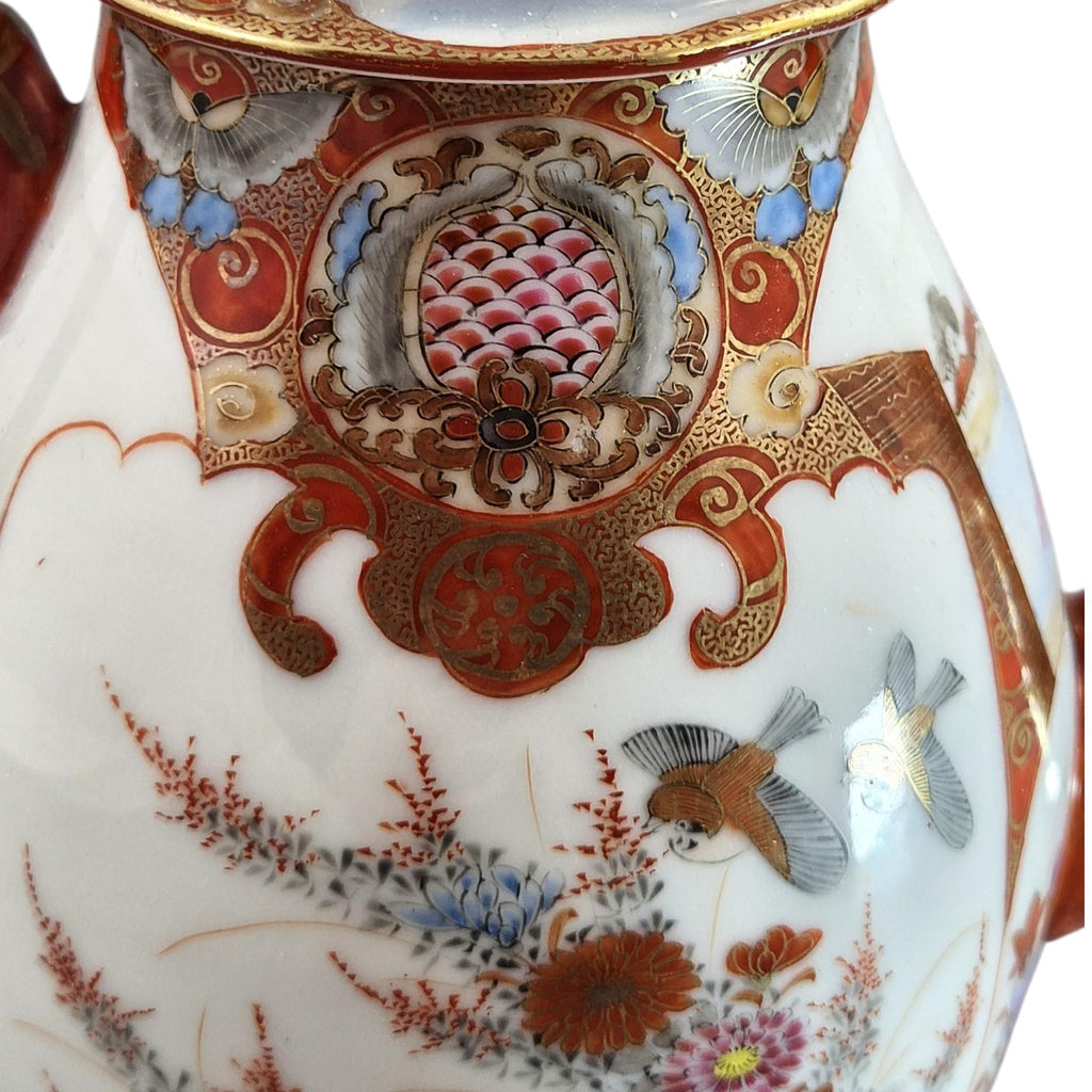 Rare Japanese Kutani teapot and vase stand, bamboo handle, Meiji c.1890