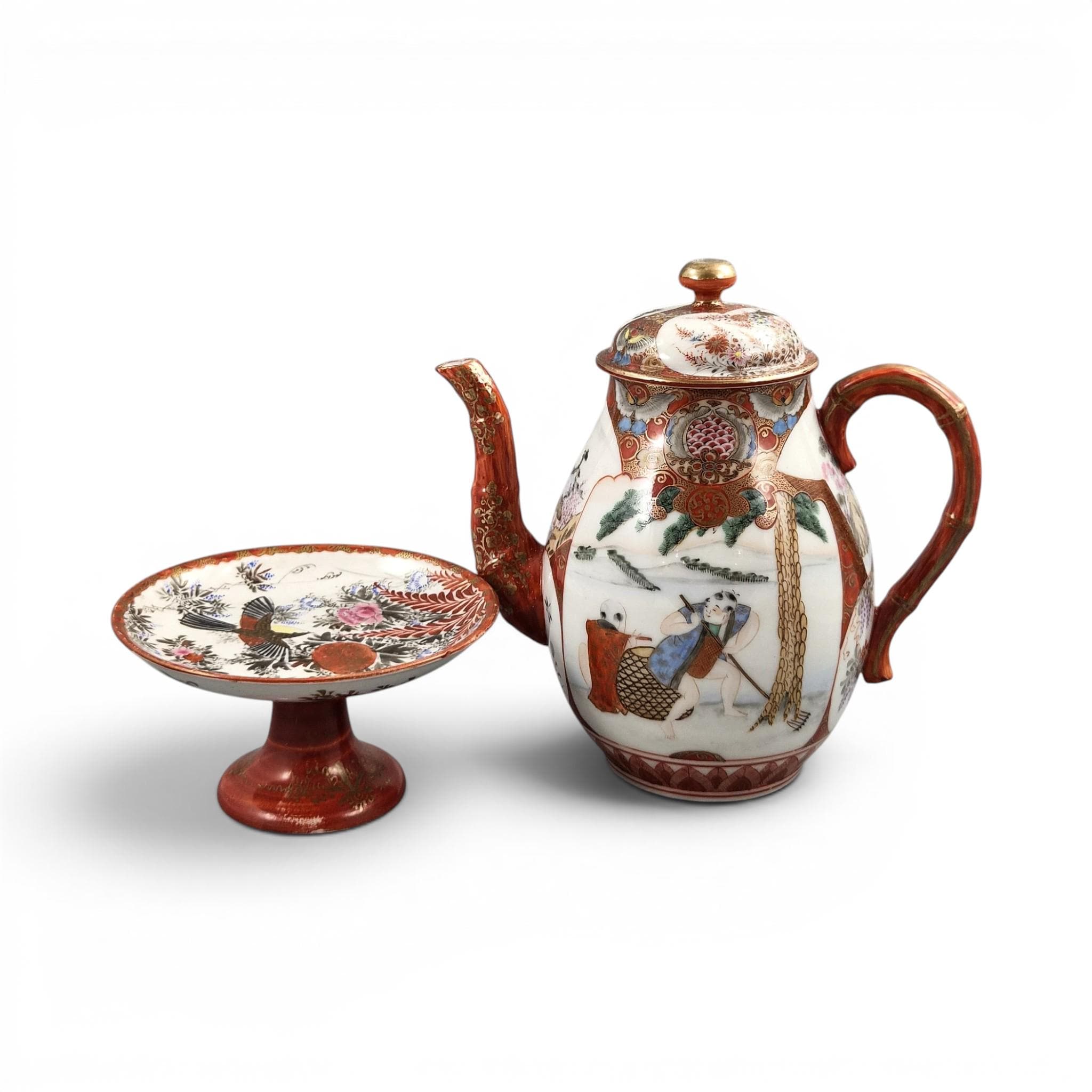 Rare Japanese Kutani teapot and vase stand, bamboo handle, Meiji c.1890