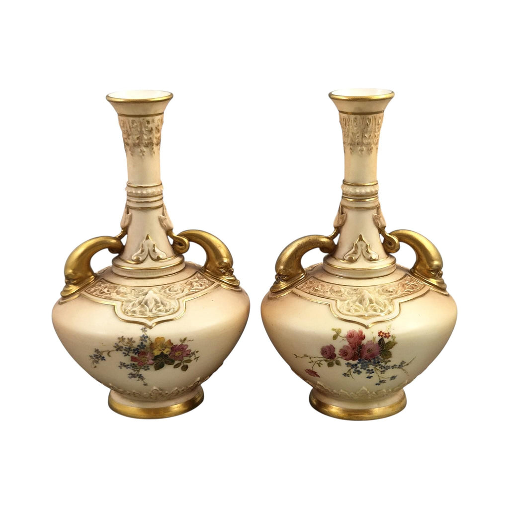 Royal Worcester dolphin handled blush ivory vase pair, Persian Range, 1902–1903