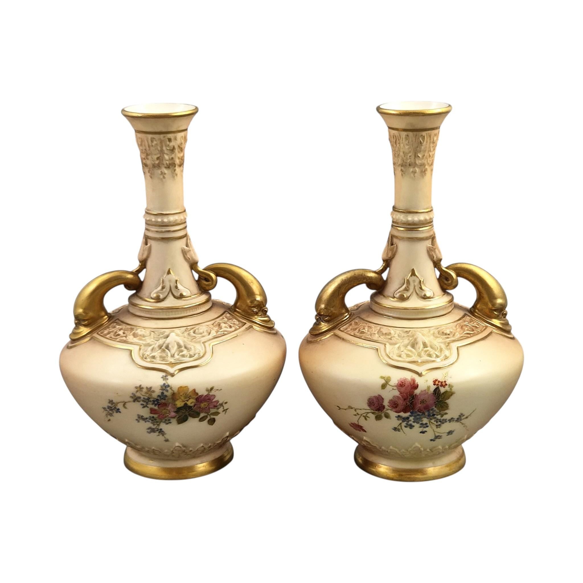 Royal Worcester dolphin handled blush ivory vase pair, Persian Range, 1902–1903
