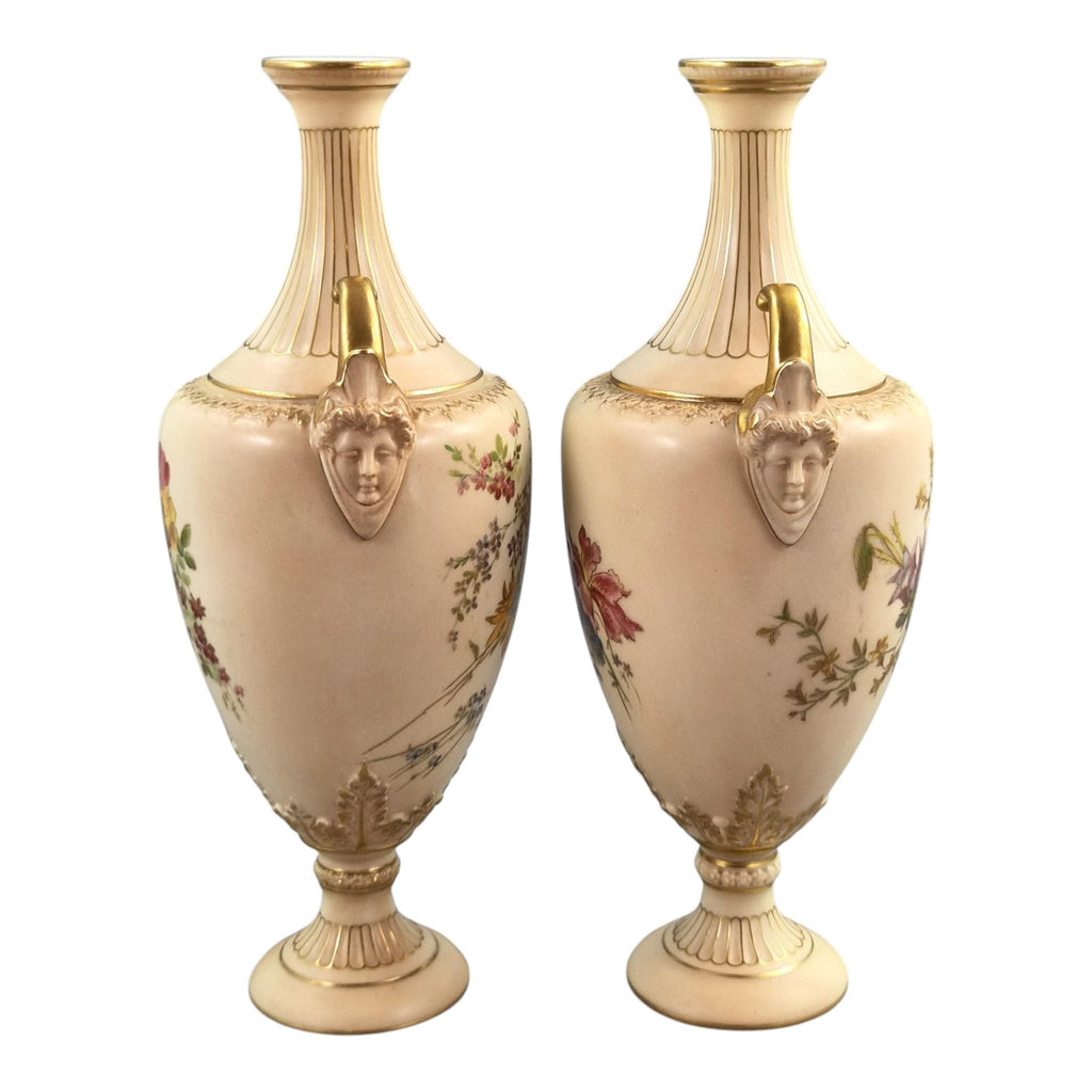Royal Worcester blush ivory floral vase pair with faun mask handles, 1900