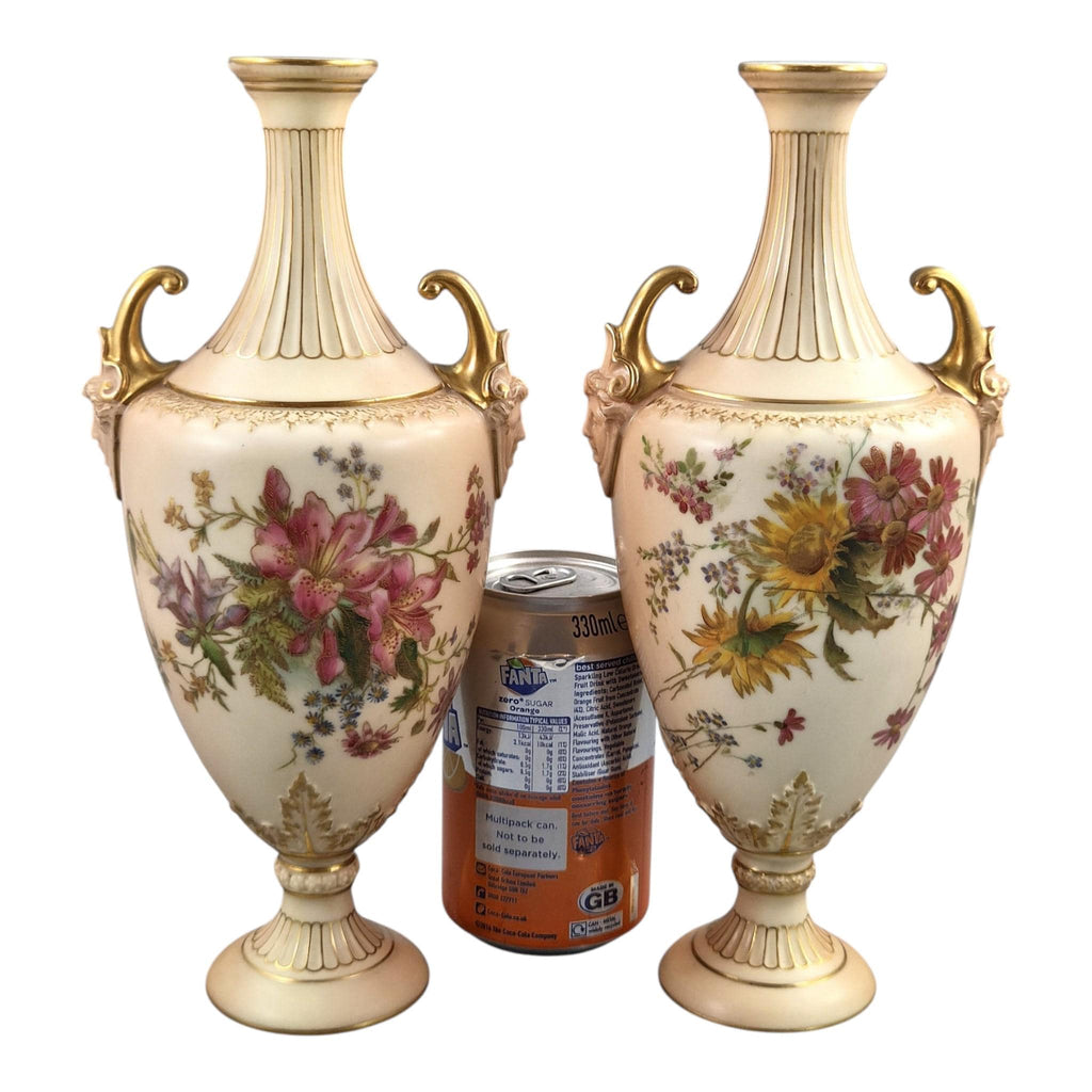 Royal Worcester blush ivory floral vase pair with faun mask handles, 1900