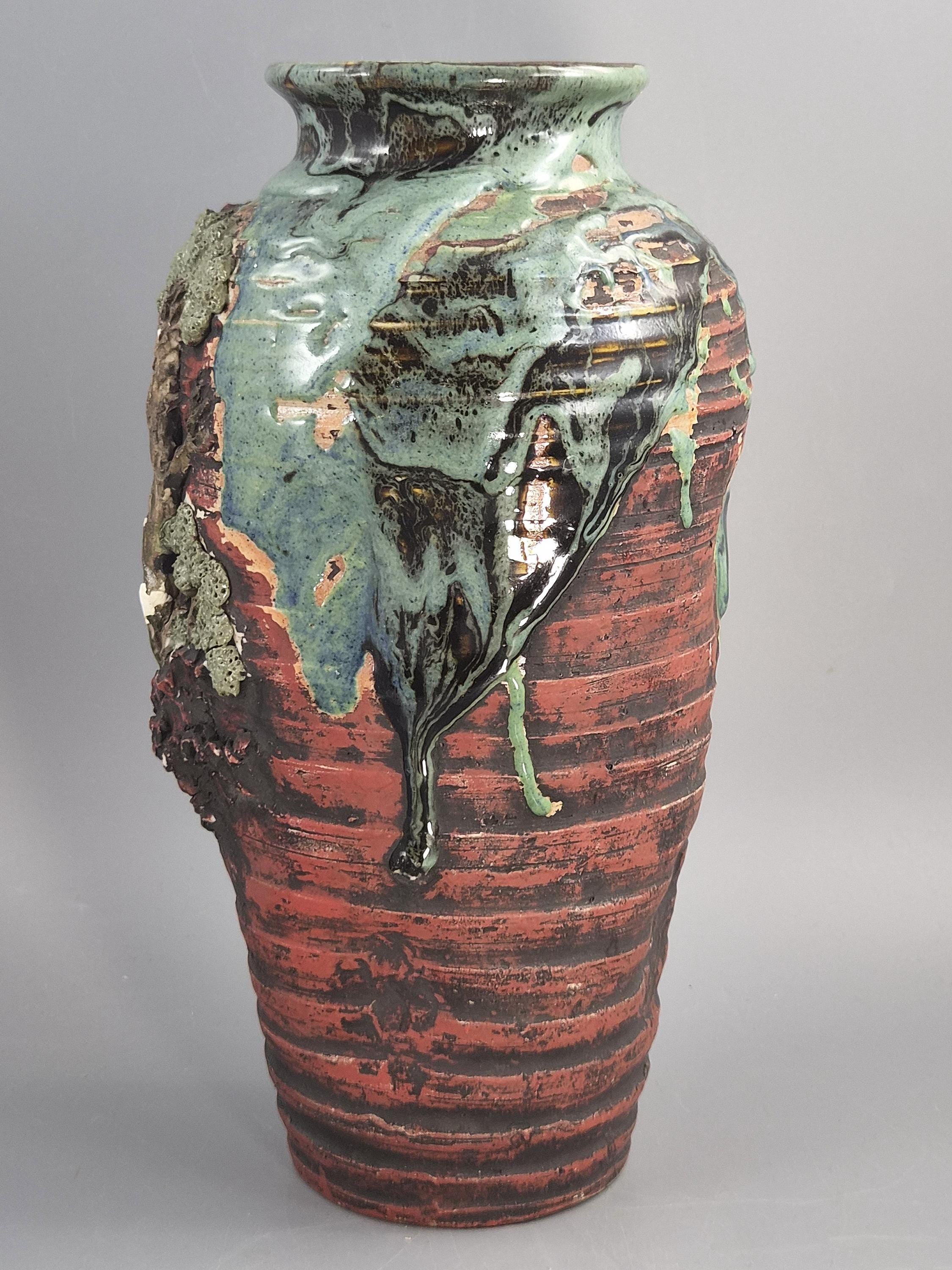 Japanese Sumida Gawa Sculptural Landscape Vase With Stag, Waterfall And Tree, Meiji–taishō
