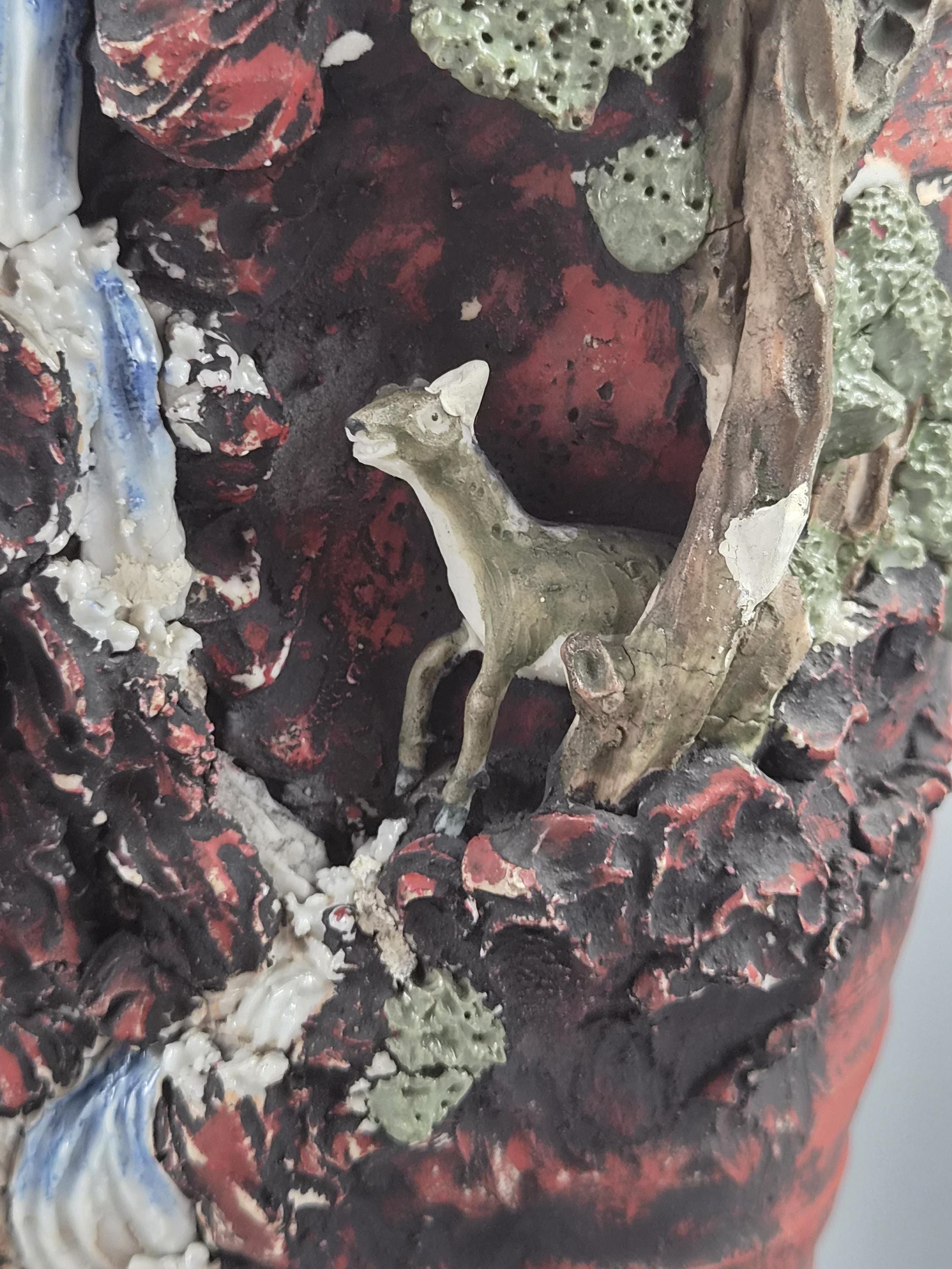 Japanese Sumida Gawa Sculptural Landscape Vase With Stag, Waterfall And Tree, Meiji–taishō
