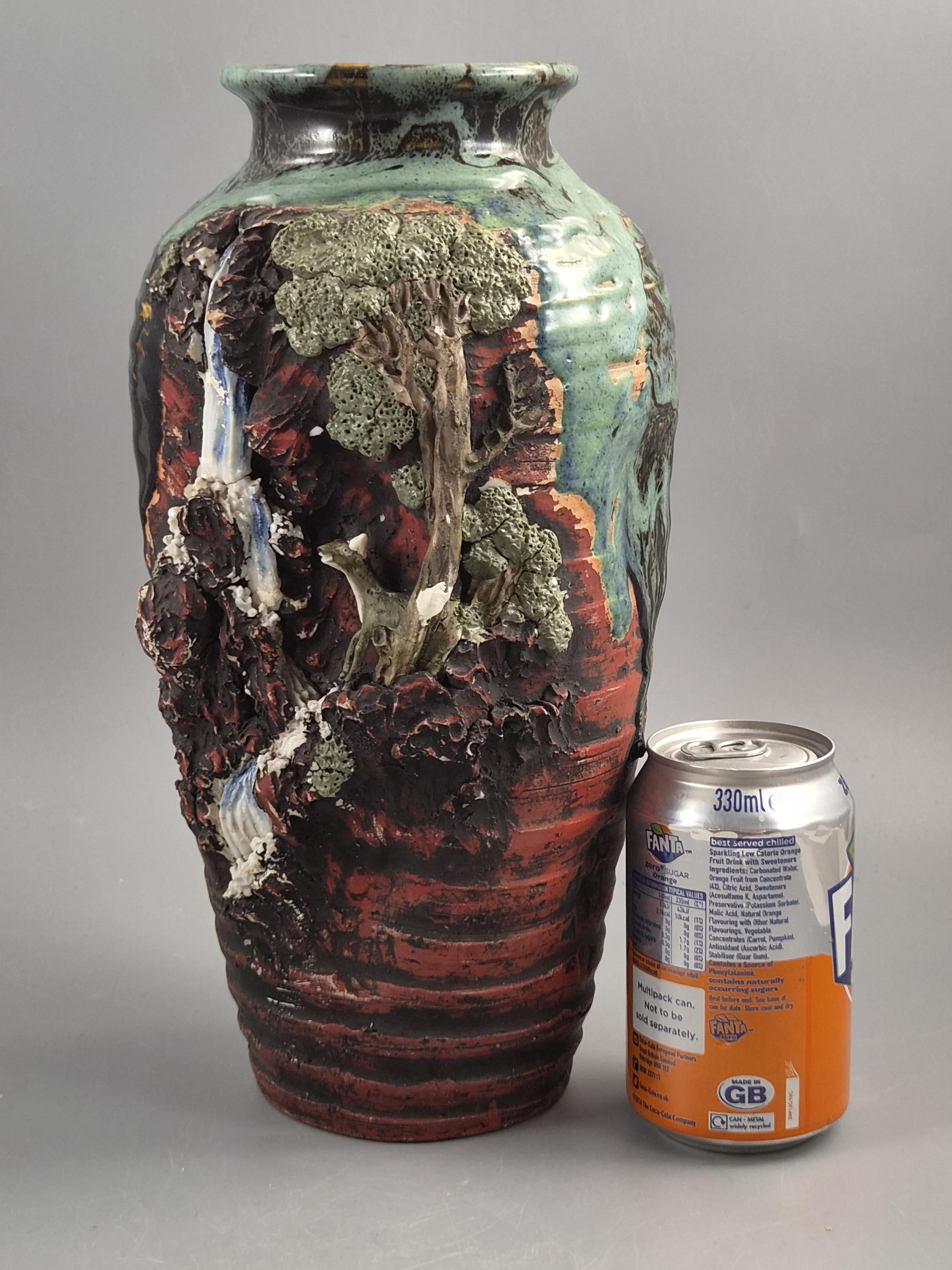 Japanese Sumida Gawa Sculptural Landscape Vase With Stag, Waterfall And Tree, Meiji–taishō