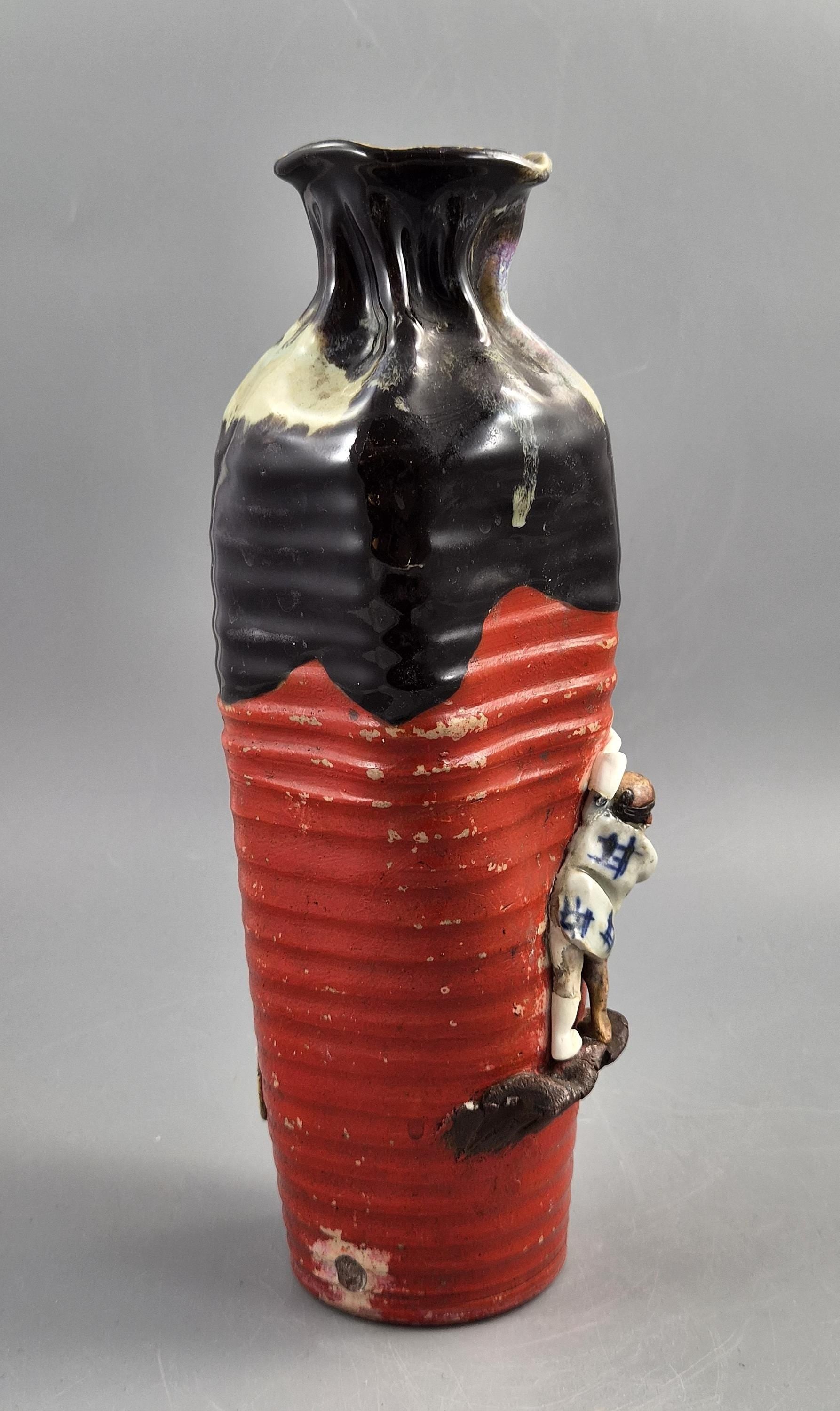 Tall Japanese Sumida Gawa Vase by Inoue Ryōsai, Sages on a Cliff, Meiji–Taishō c. 1900