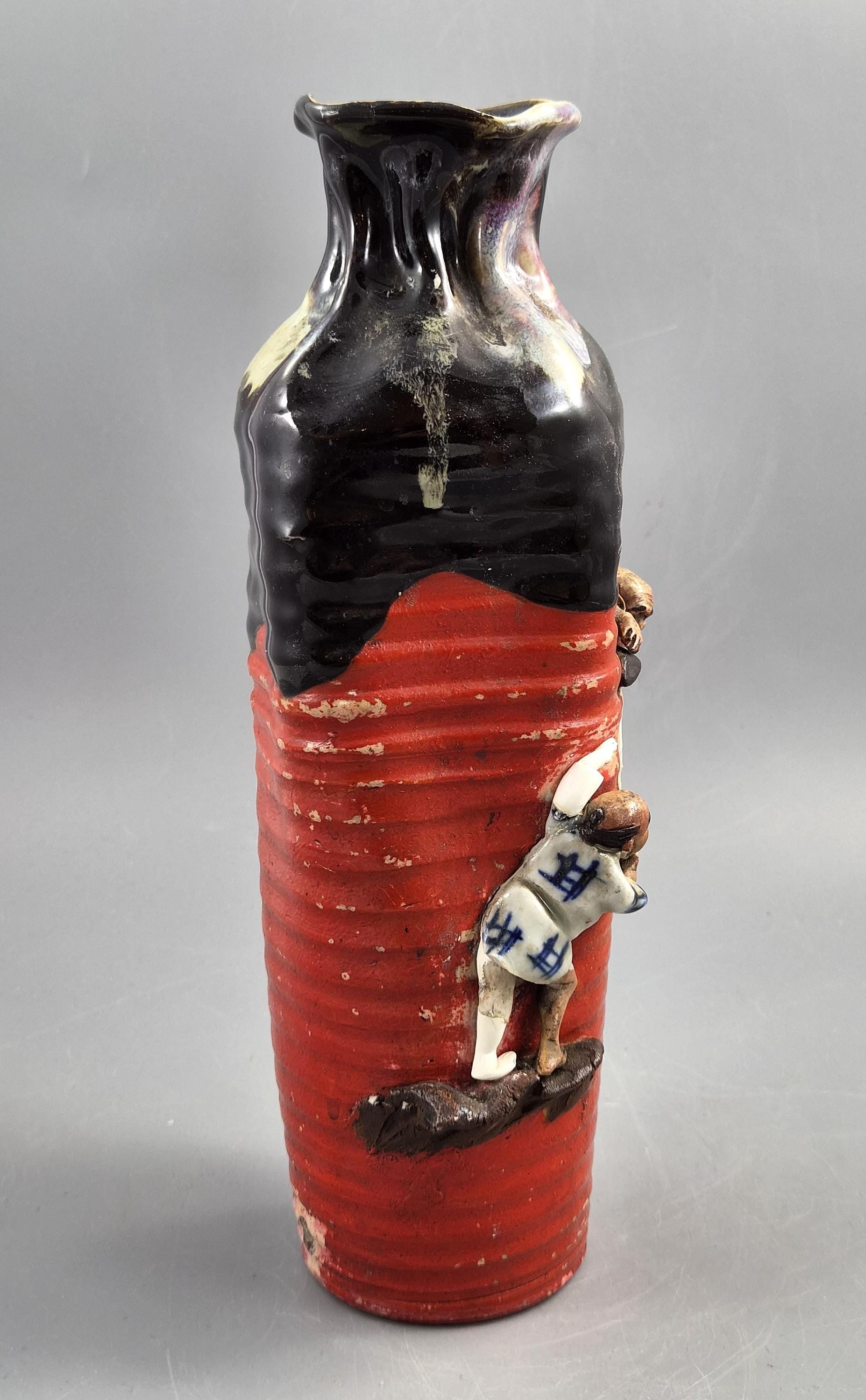 Tall Japanese Sumida Gawa Vase by Inoue Ryōsai, Sages on a Cliff, Meiji–Taishō c. 1900