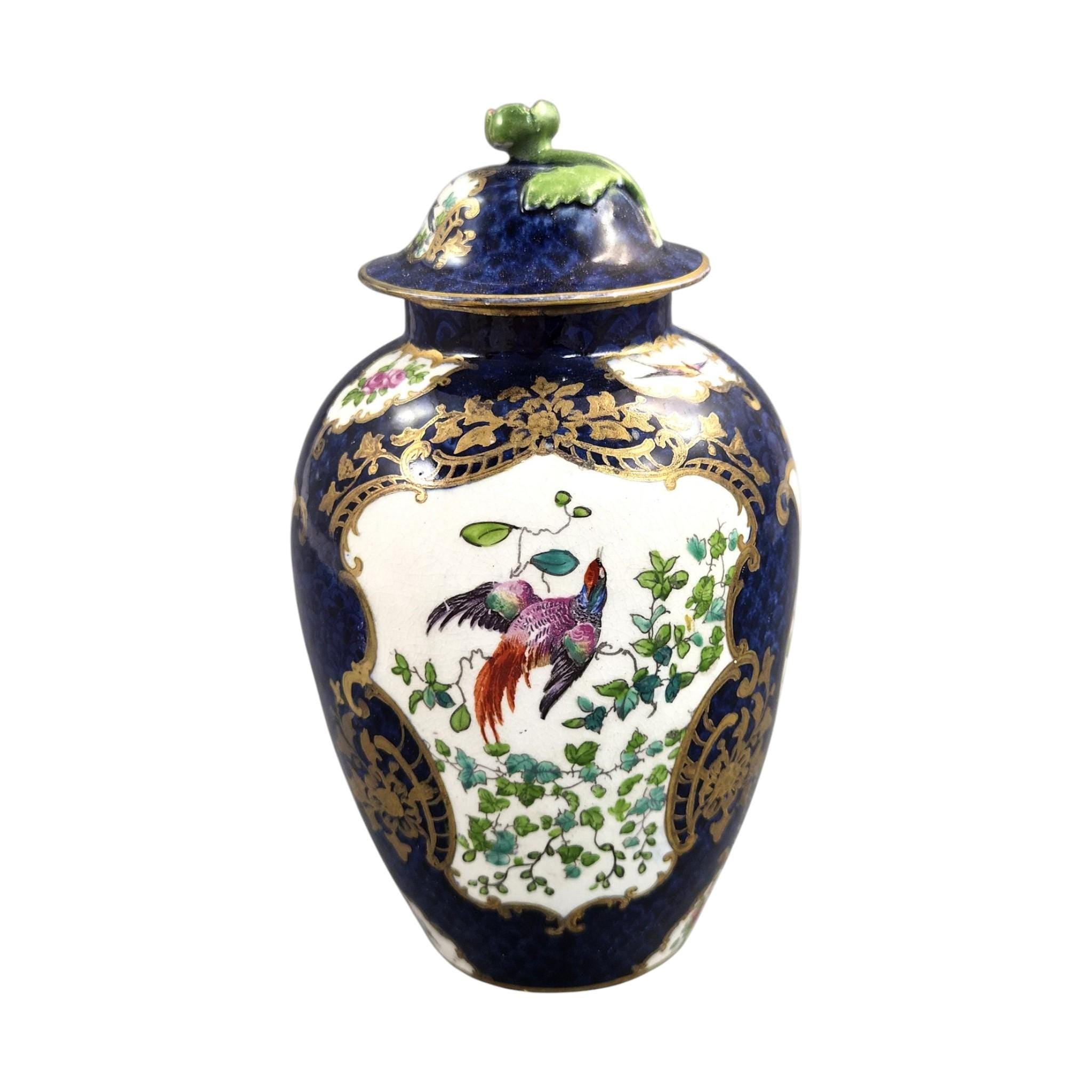 Booths Silicon China Covered Vase, Scale Blue Exotic Birds, c.1900