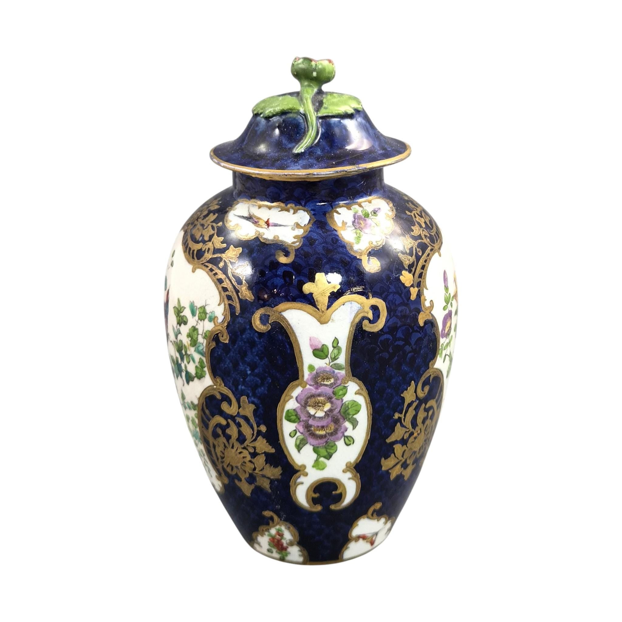 Booths Silicon China Covered Vase, Scale Blue Exotic Birds, c.1900
