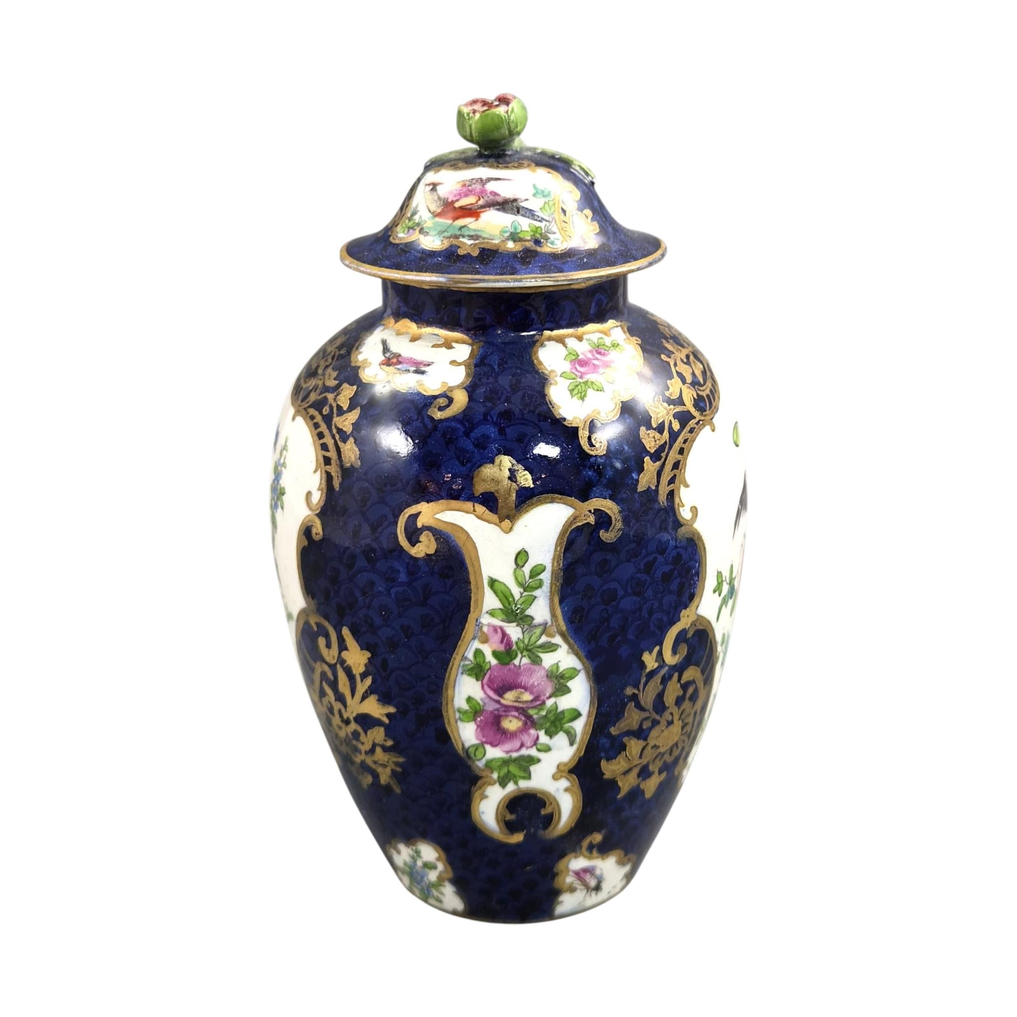 Booths Silicon China Covered Vase, Scale Blue Exotic Birds, c.1900