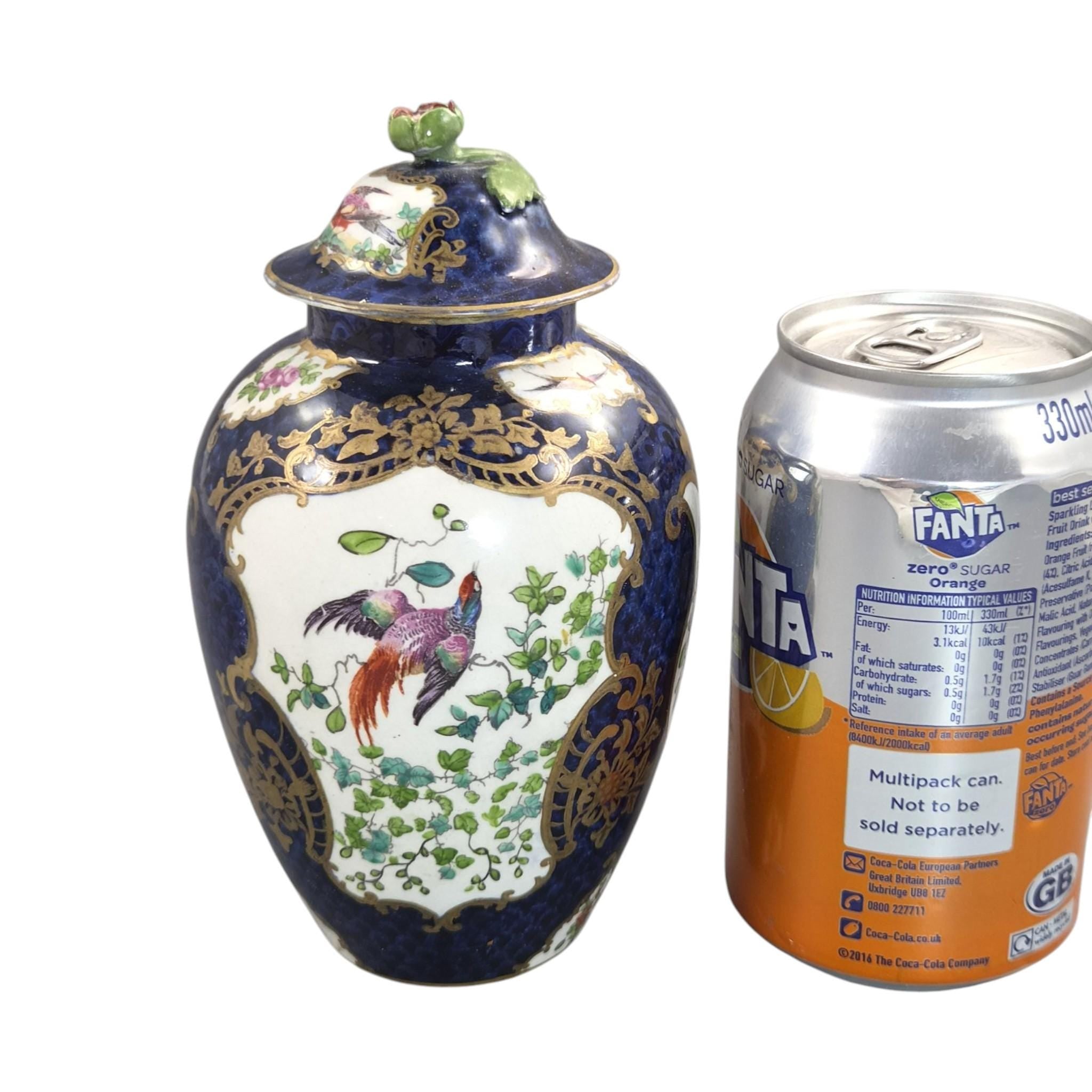 Booths Silicon China Covered Vase, Scale Blue Exotic Birds, c.1900