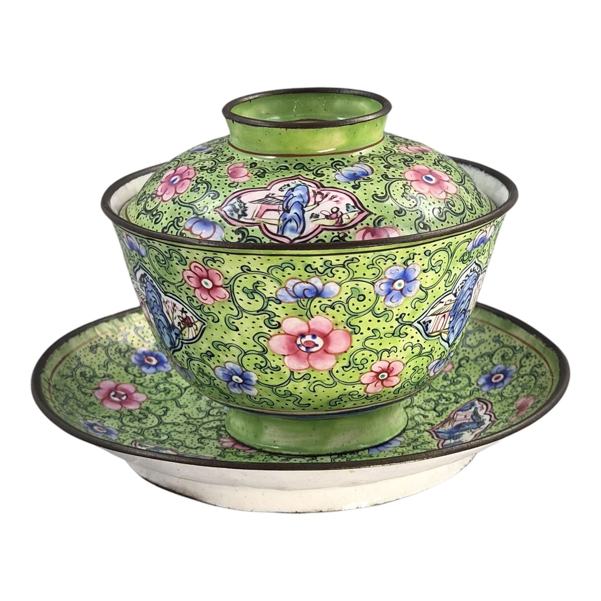 Antique Chinese Canton enamel gaiwan tea set, Qing dynasty, c. 1850–1860
