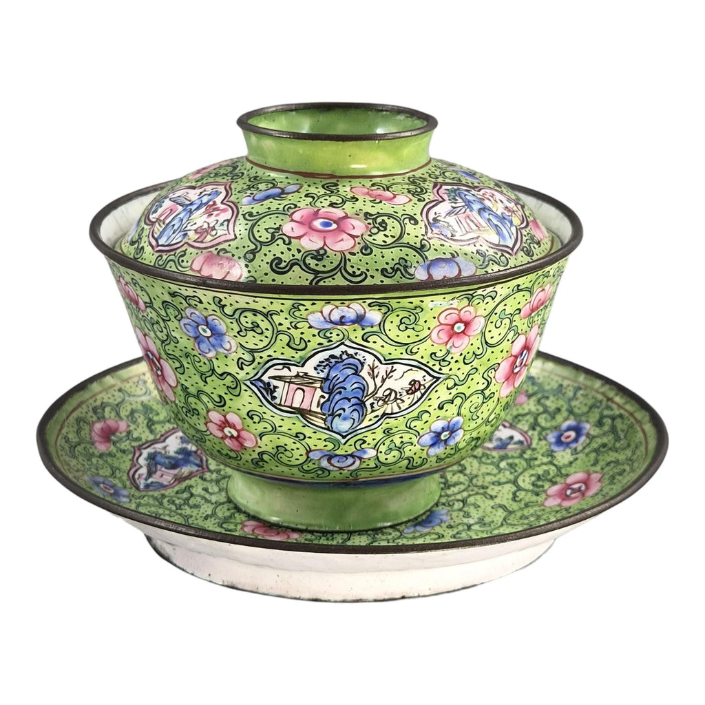 Antique Chinese Canton enamel gaiwan tea set, Qing dynasty, c. 1850–1860