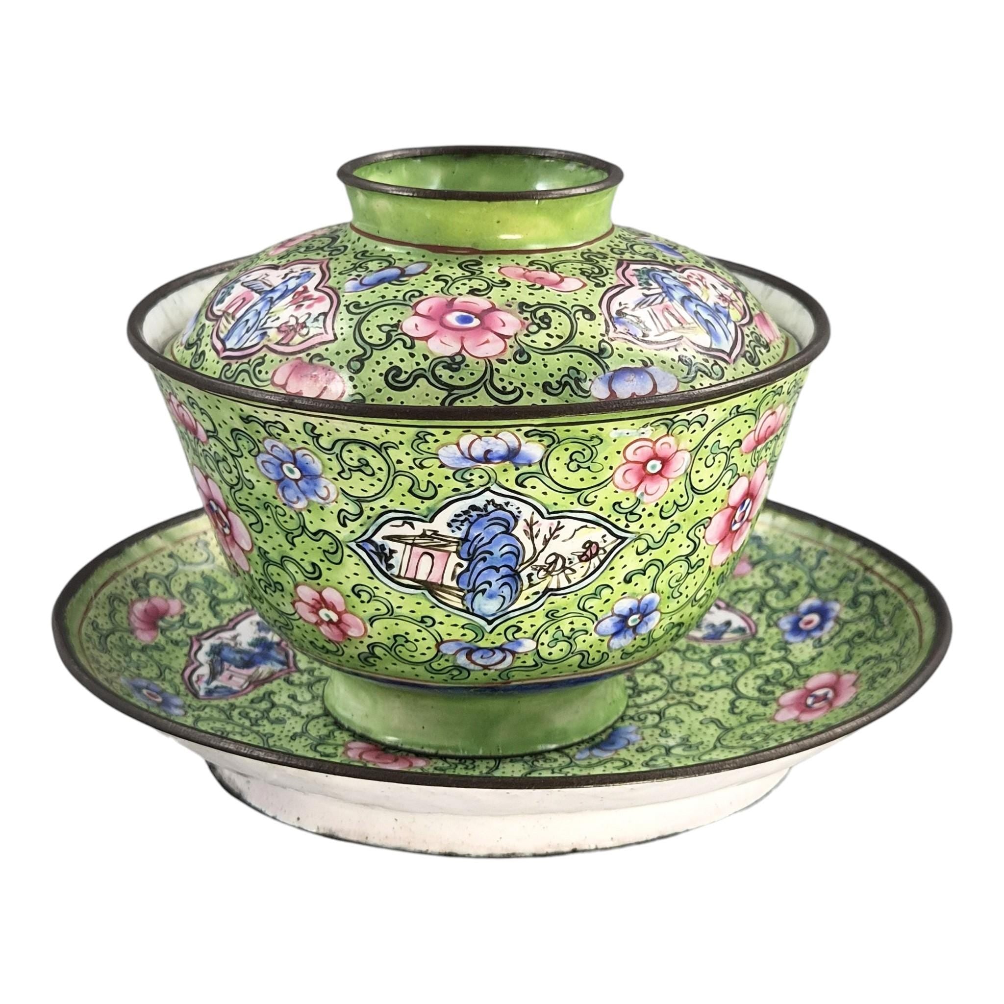 Antique Chinese Canton enamel gaiwan tea set, Qing dynasty, c. 1850–1860