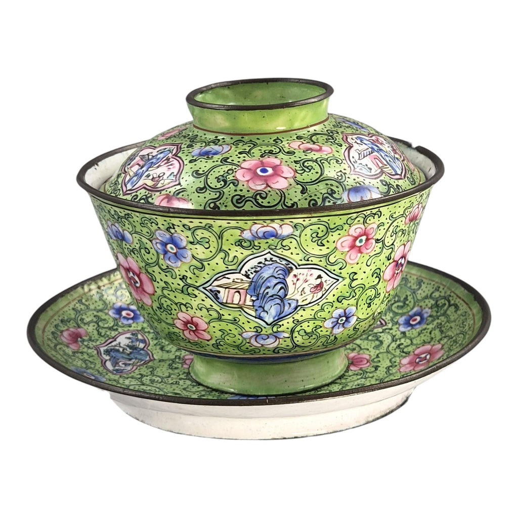 Antique Chinese Canton enamel gaiwan tea set, Qing dynasty, c. 1850–1860