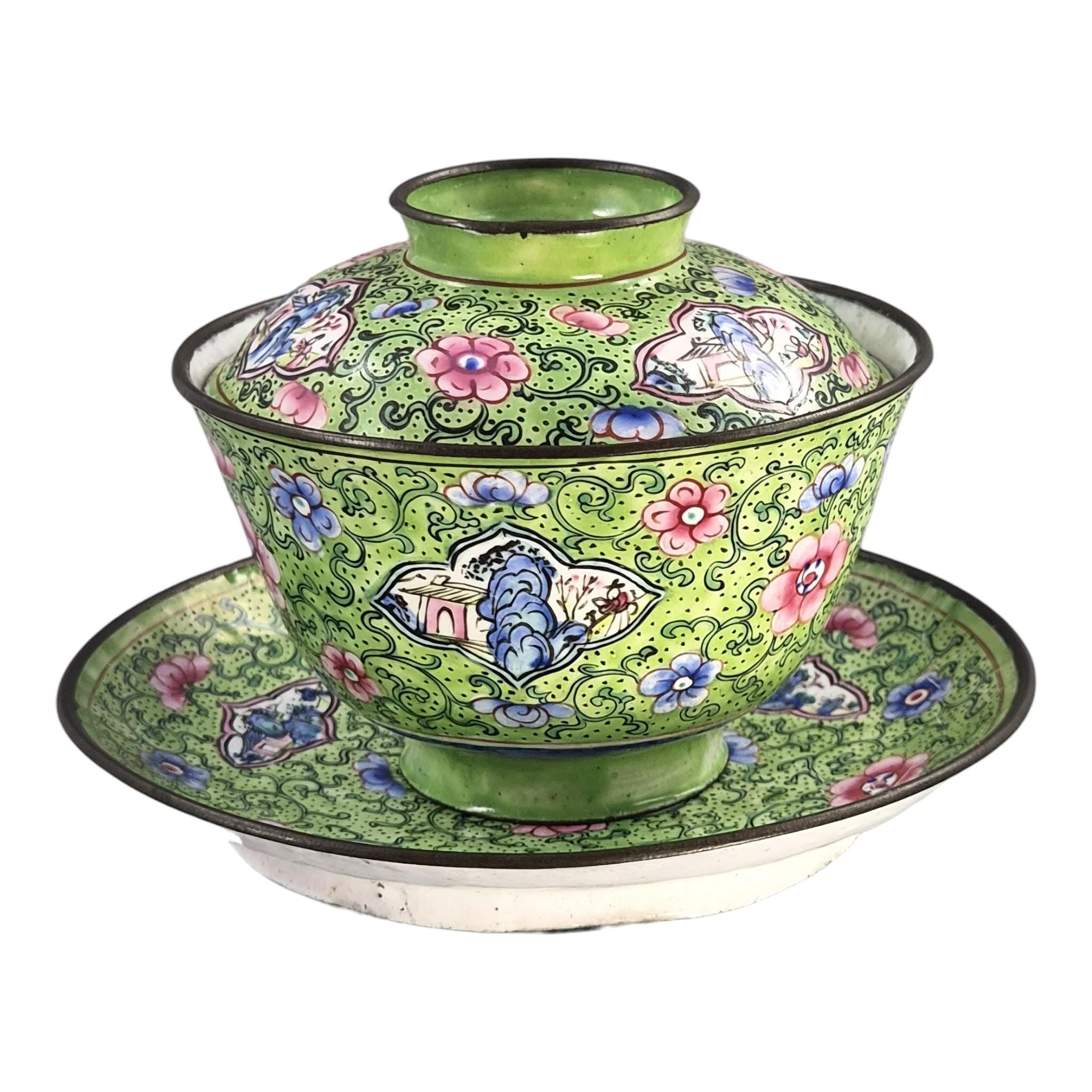 Antique Chinese Canton enamel gaiwan tea set, Qing dynasty, c. 1850–1860