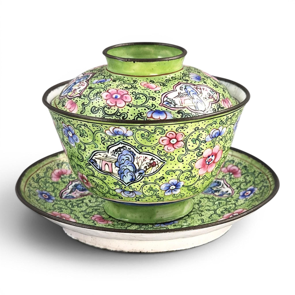 Antique Chinese Canton enamel gaiwan tea set, Qing dynasty, c. 1850–1860